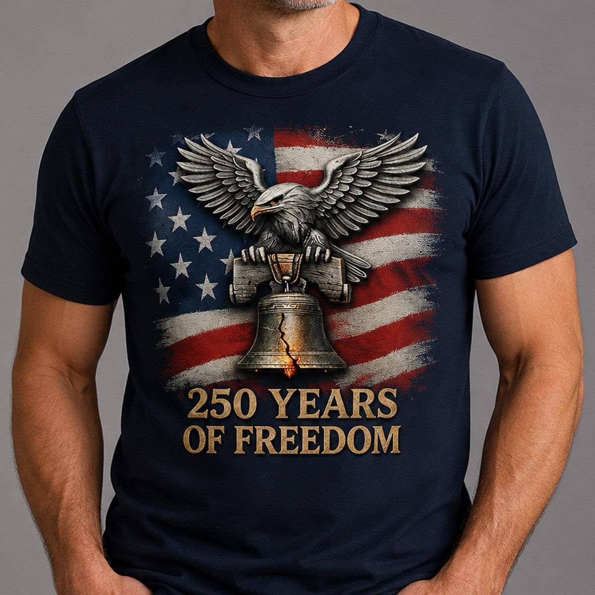 250 Years Of Freedom Printed T-Shirt, Father’s Day Gift for Dad, Patriotic USA Flag Shirt with Eagle Liberty Bell Design