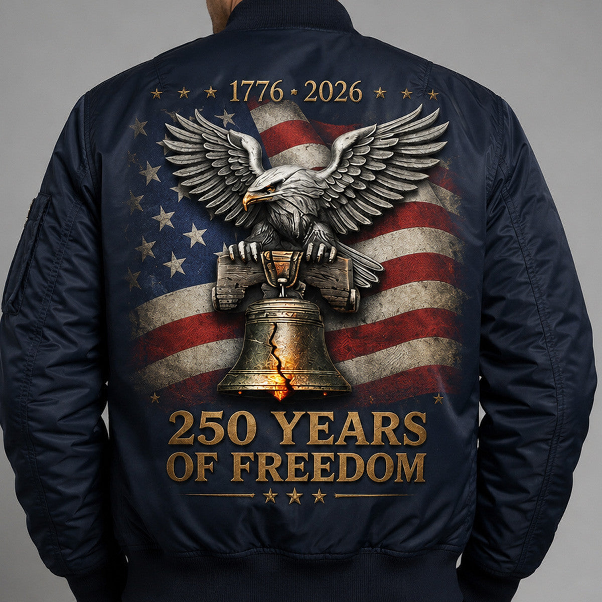250 Years Of Freedom Printed Bomber Jacket, Father’s Day Gift for Dad, Patriotic USA Flag Eagle Liberty Bell Back Design