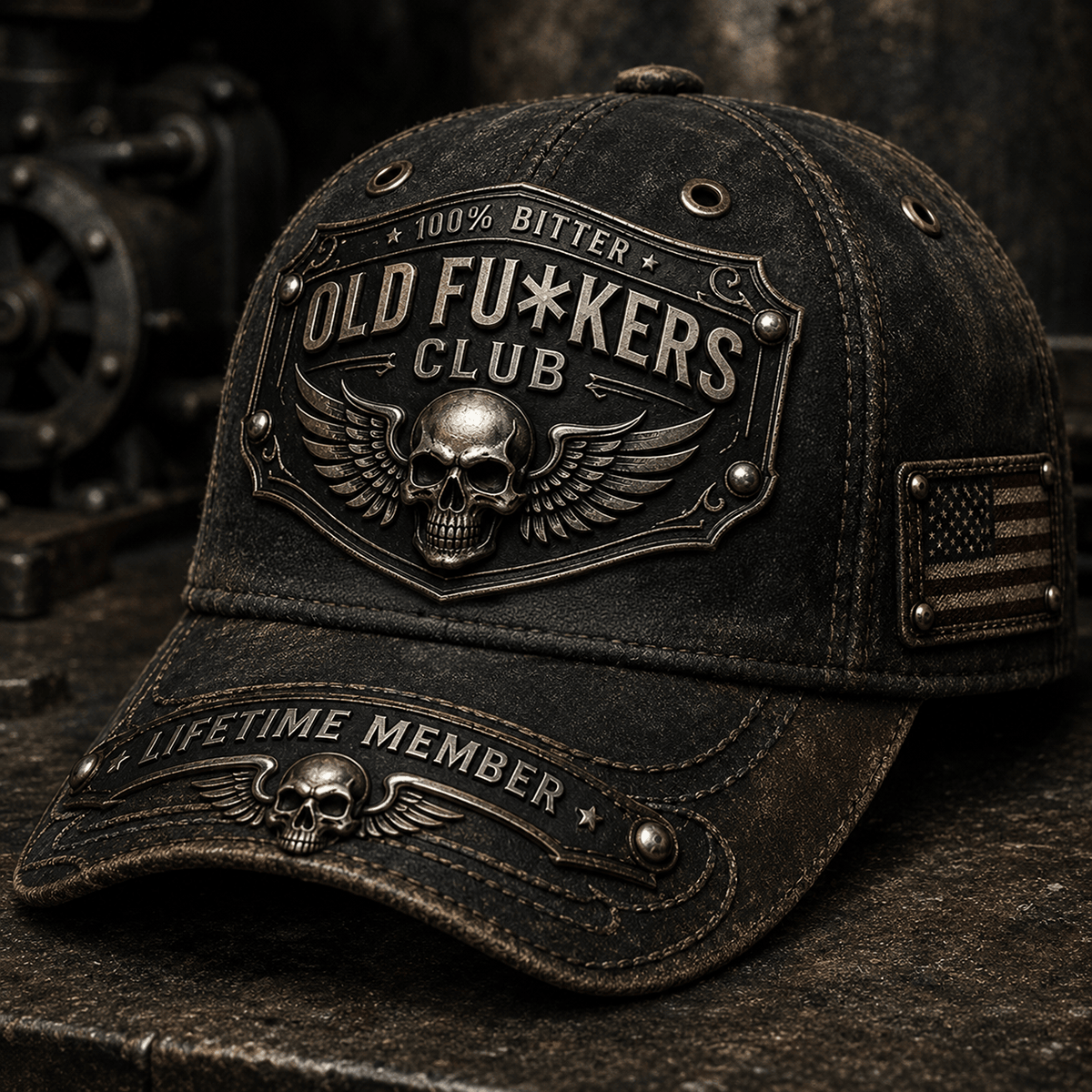 Old Fuckers Club Lifetime Member Printed Cap, Father’s Day Gift for Dad, Vintage Biker Skull Wings USA Flag Design