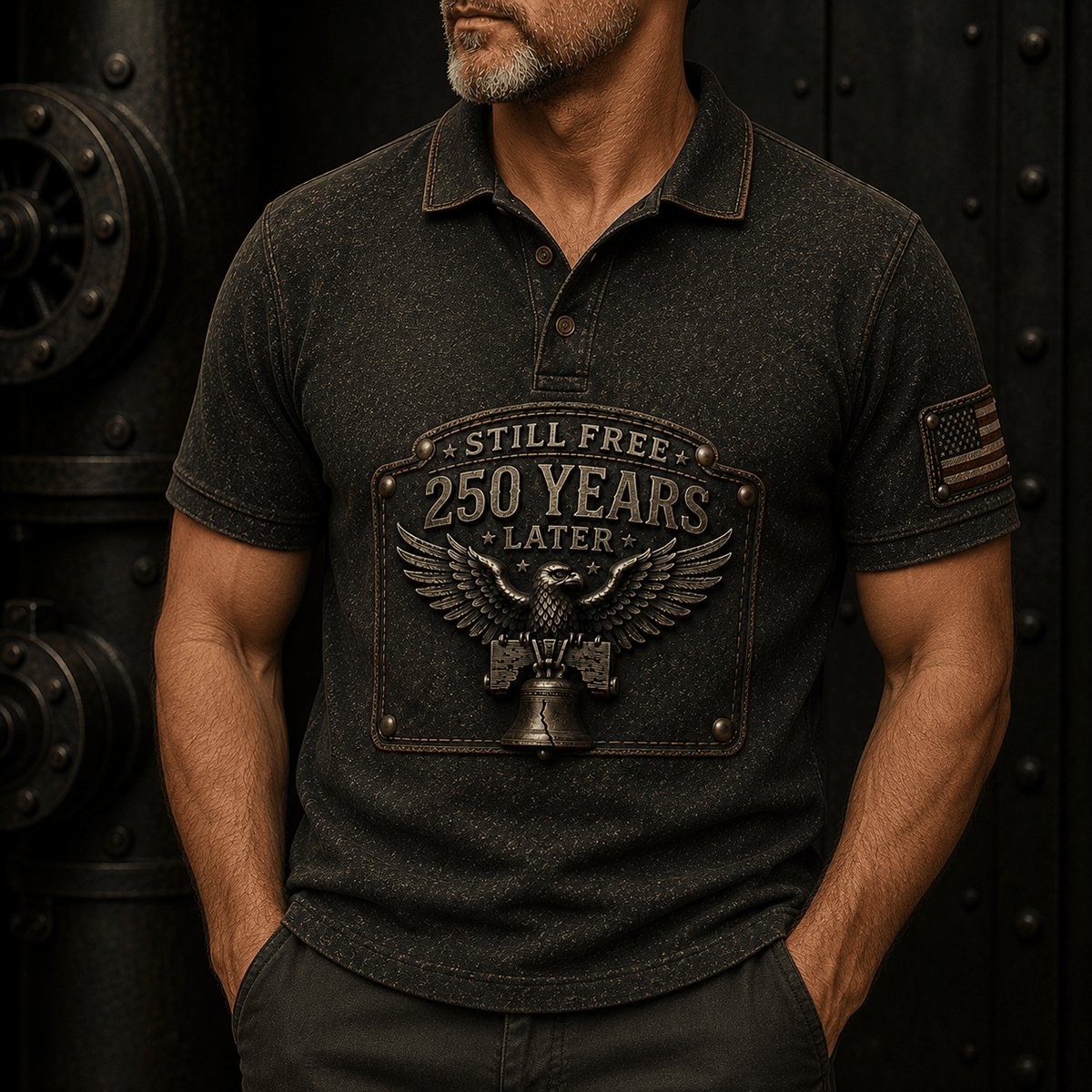 Still Free 250 Years Later Printed Polo Shirt, Father’s Day Gift for Dad, Patriotic Eagle Liberty Bell USA Flag Design