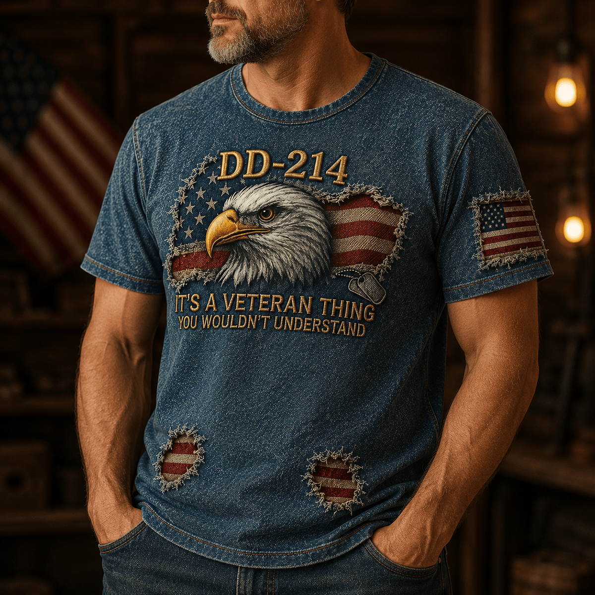 DD-214 Veteran Thing printed T-Shirt, Patriotic Eagle American Flag Tee, Father’s Day Gift for Dad, Veteran Grandpa Husband Gift for Men US