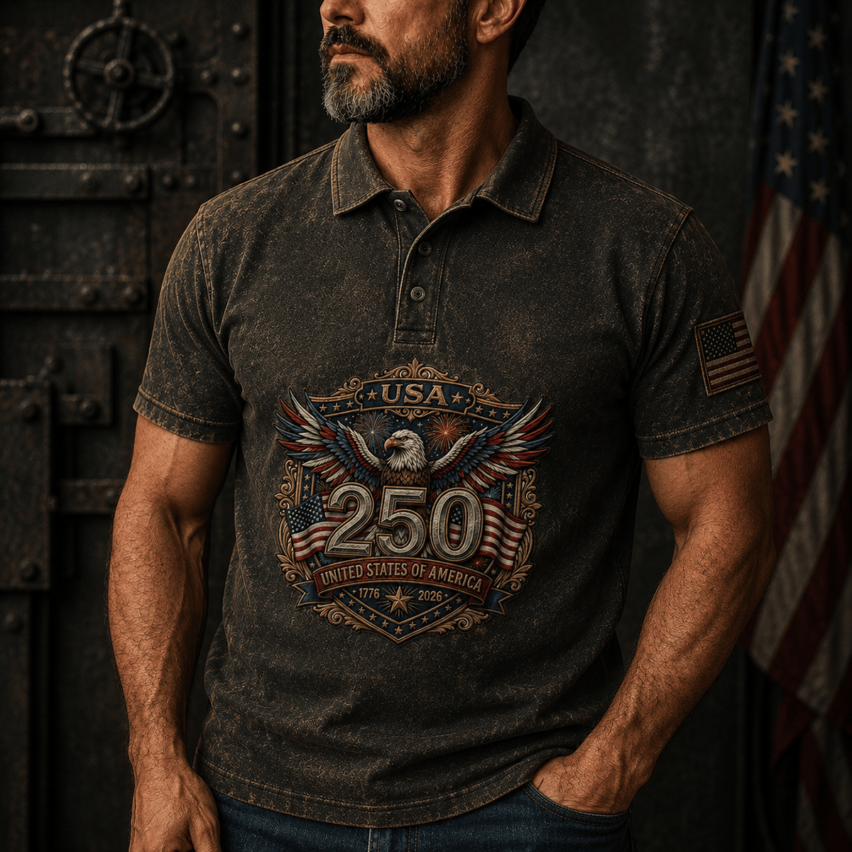 USA 250th Anniversary printed Polo Shirt, Patriotic Eagle American Flag, Father’s Day Gift for Dad, Veteran Men Gift, Independence Day, 2026