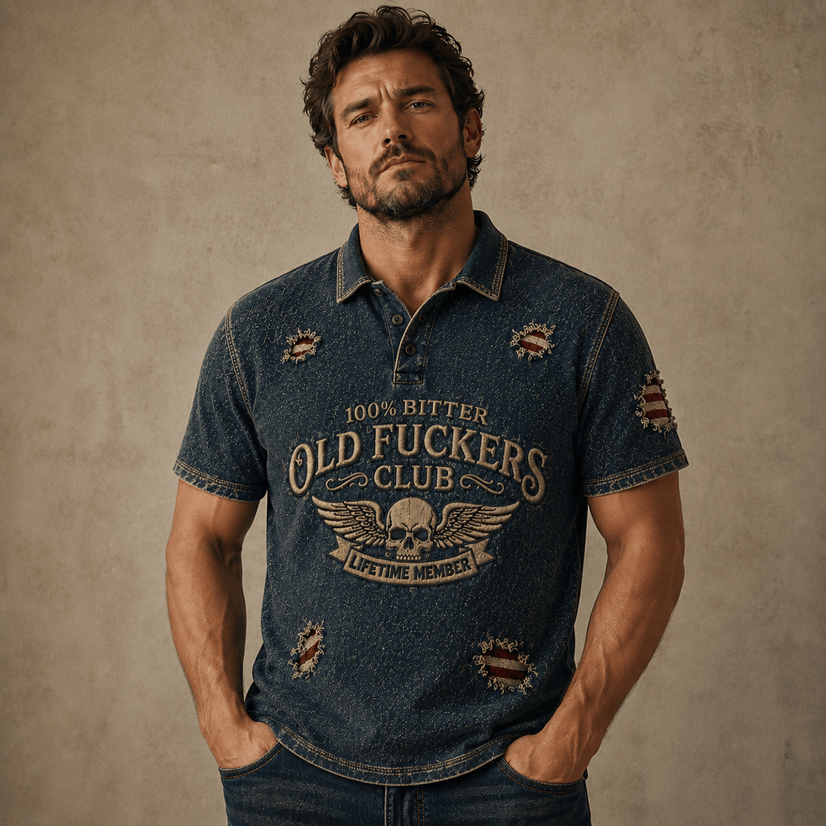 Old Men Club printed Polo Shirt, Funny Skull Wing Design, Vintage Patriotic Polo, Father’s Day Gift for Dad, Grandpa Husband Gift for Men
