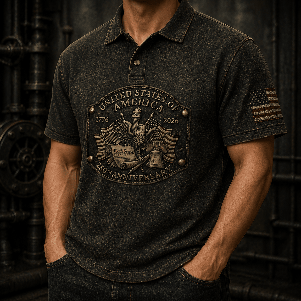 United States of America 250th Anniversary printed Polo Shirt, Patriotic Eagle USA Flag Top, Father's Day Gift for Dad, Veteran Dad Present