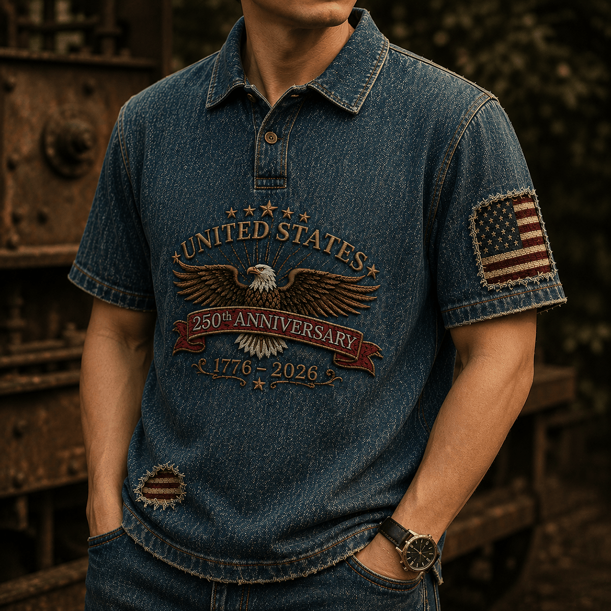 United States 250th Anniversary Eagle printed Polo Shirt, Patriotic American Flag Top, Father's Day Gift for Dad, Veteran Dad Present
