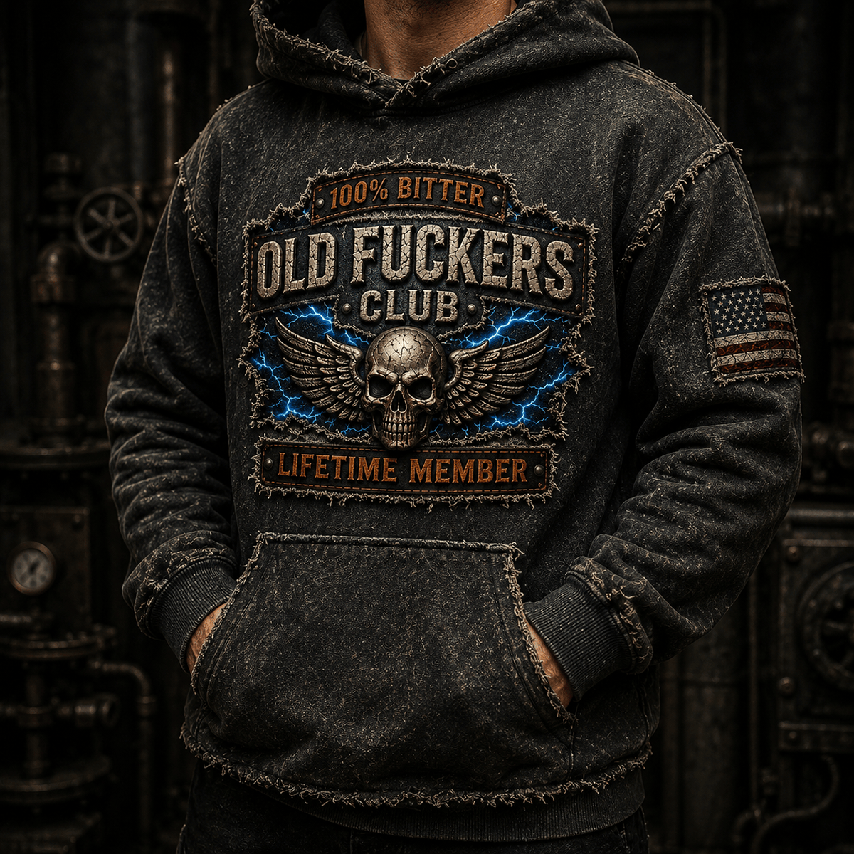 Old Biker Skull Club printed Hoodie, Funny Skull Pullover, Lightning Graphic, Father's Day Gift for Dad, Grandpa Gift for Men