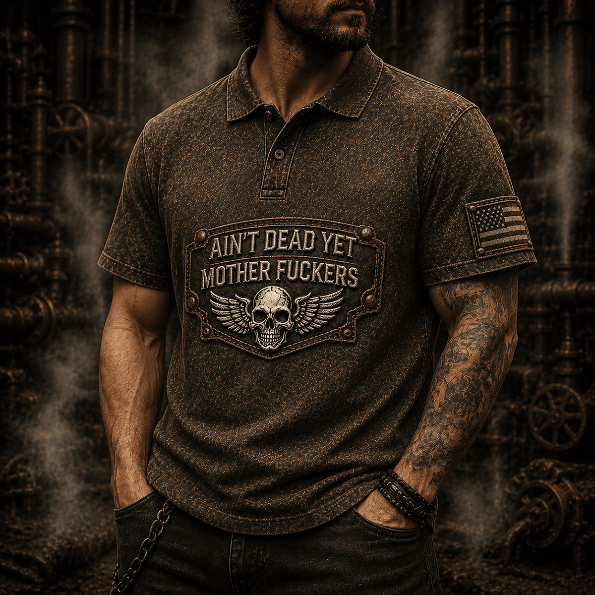 Ain’t Dead Yet Mother Fuckers Printed Polo Shirt, Skull Wings USA Flag, Funny Father’s Day Gift for Dad, Biker Polo Gift