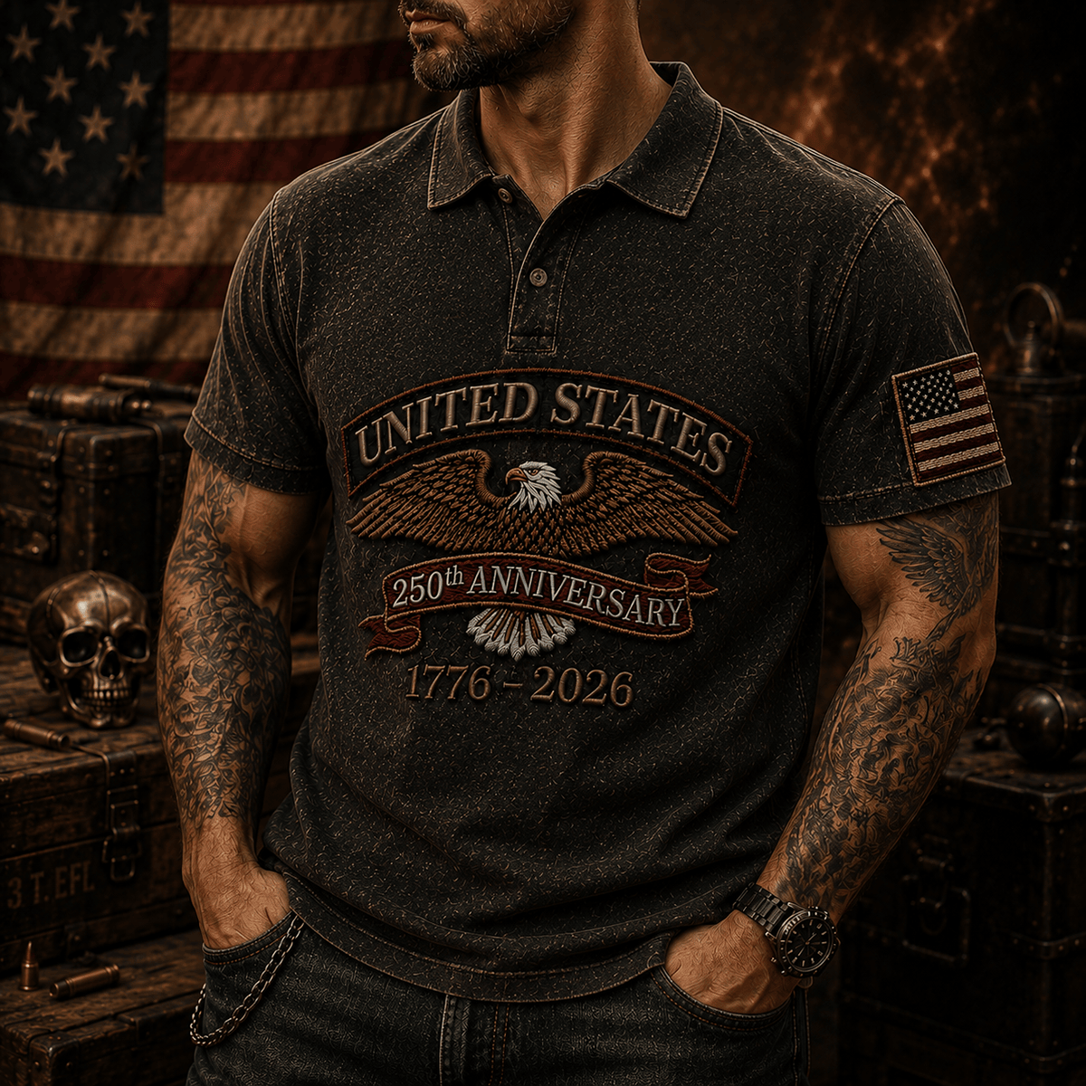United States 250th Anniversary Printed Polo Shirt, Eagle USA Flag, 1776 2026 Patriotic Father’s Day Gift for Dad