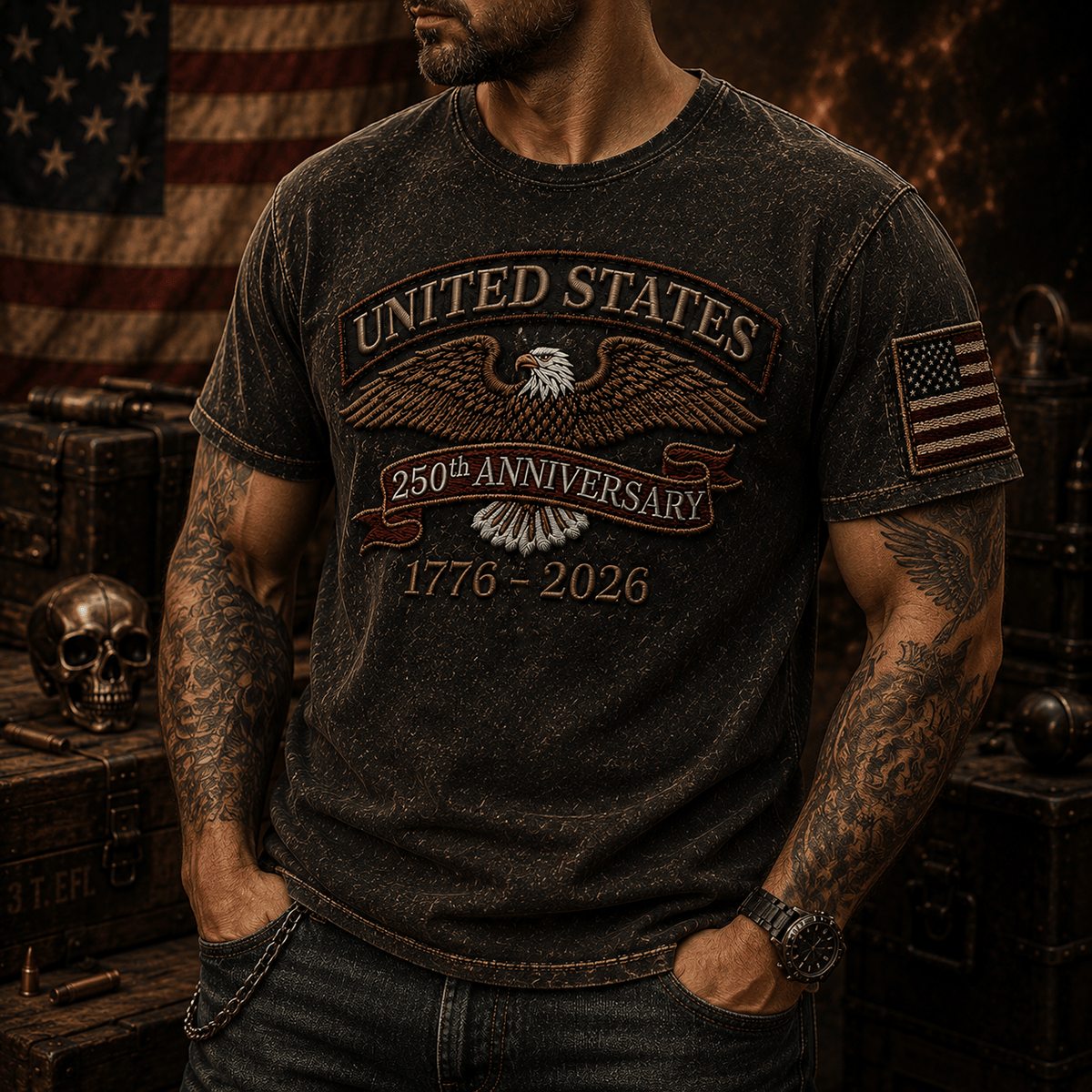 United States 250th Anniversary Printed T-Shirt, Eagle USA Flag, 1776 2026 Patriotic Father’s Day Gift for Dad