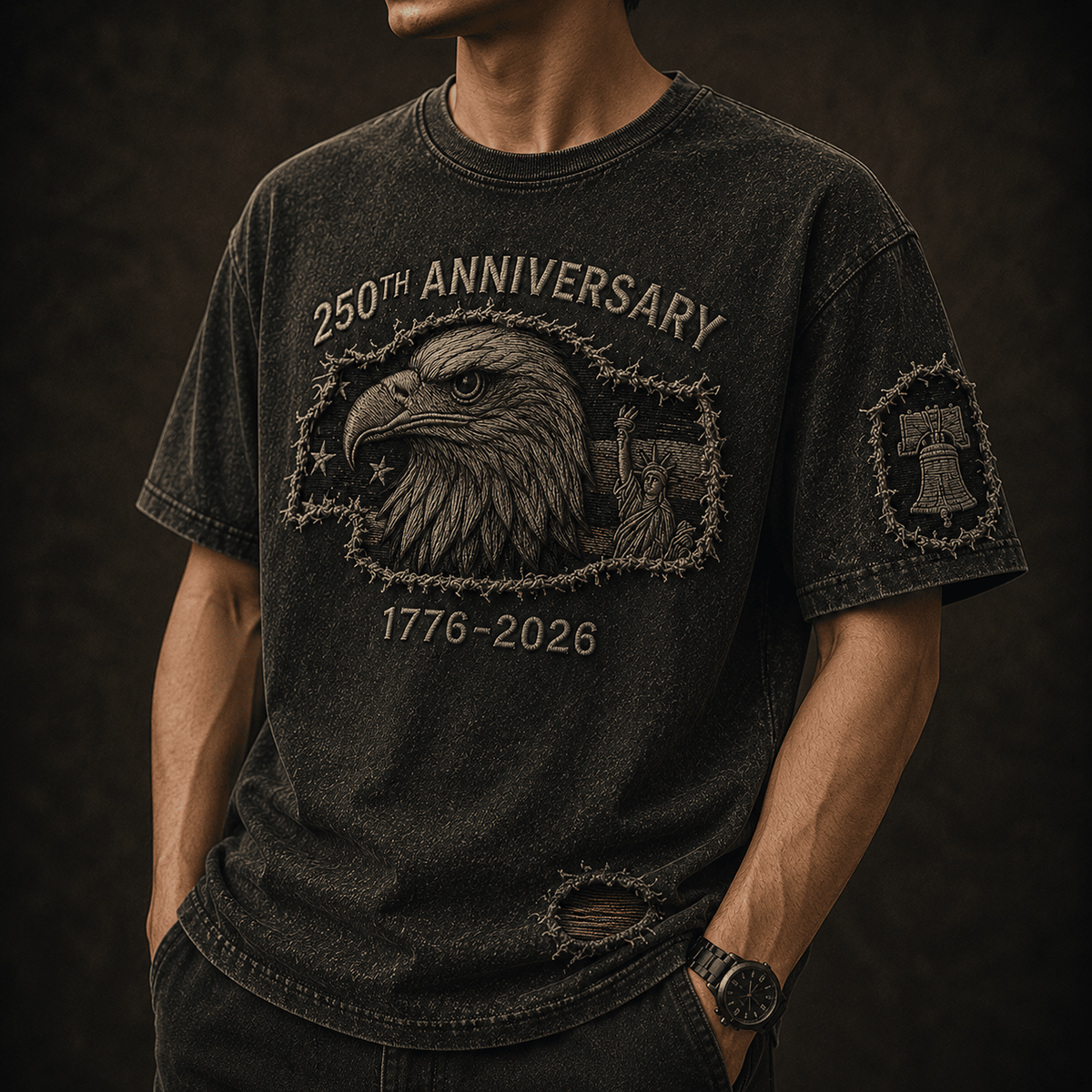 250th Anniversary Printed T-Shirt, American Eagle USA Flag, 1776 2026 Patriotic Father’s Day Gift for Dad