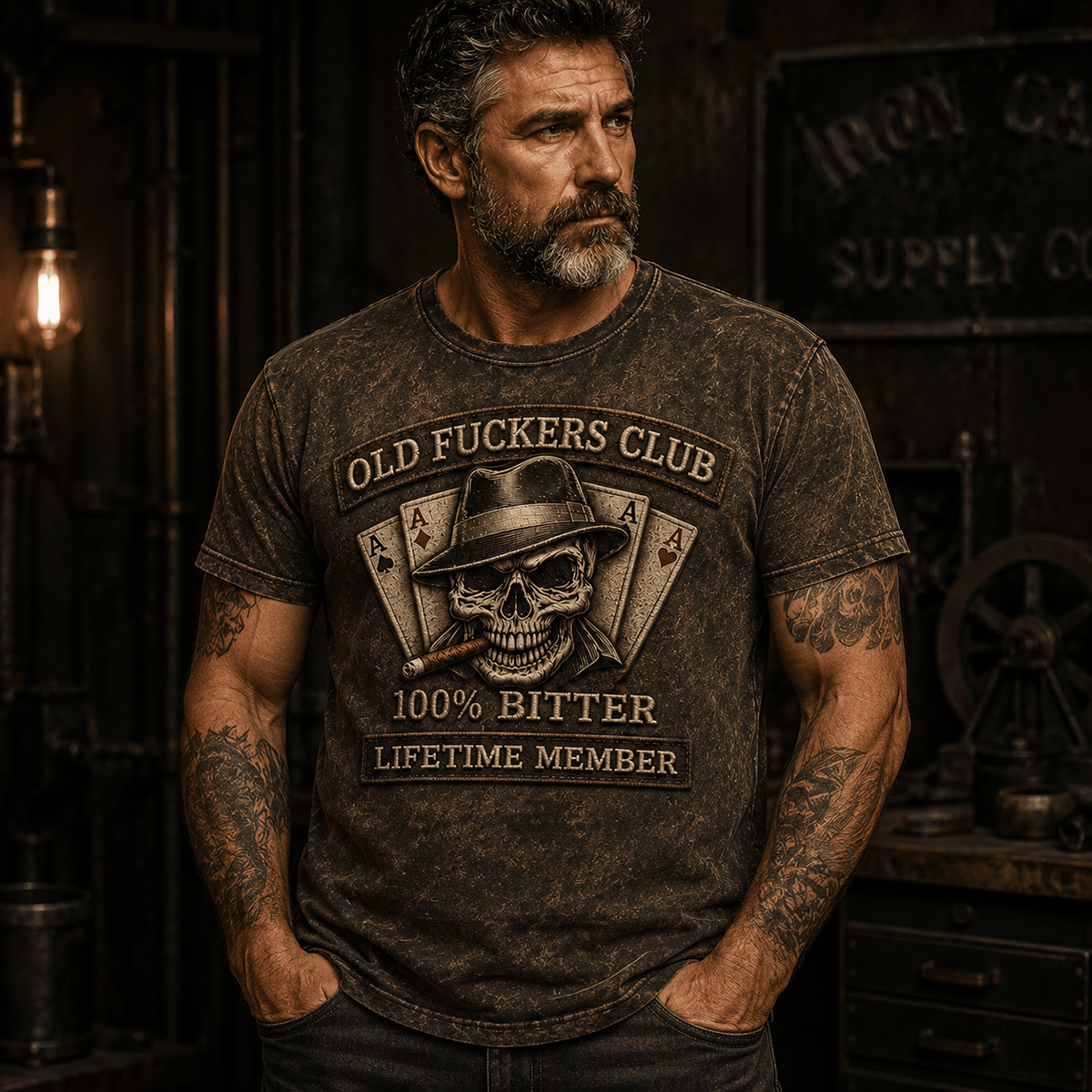 Old Fuckers Club Printed T-Shirt, Skull Ace Cards, Funny Father’s Day Gift for Dad, Grandpa Gift, Biker Shirt for Men