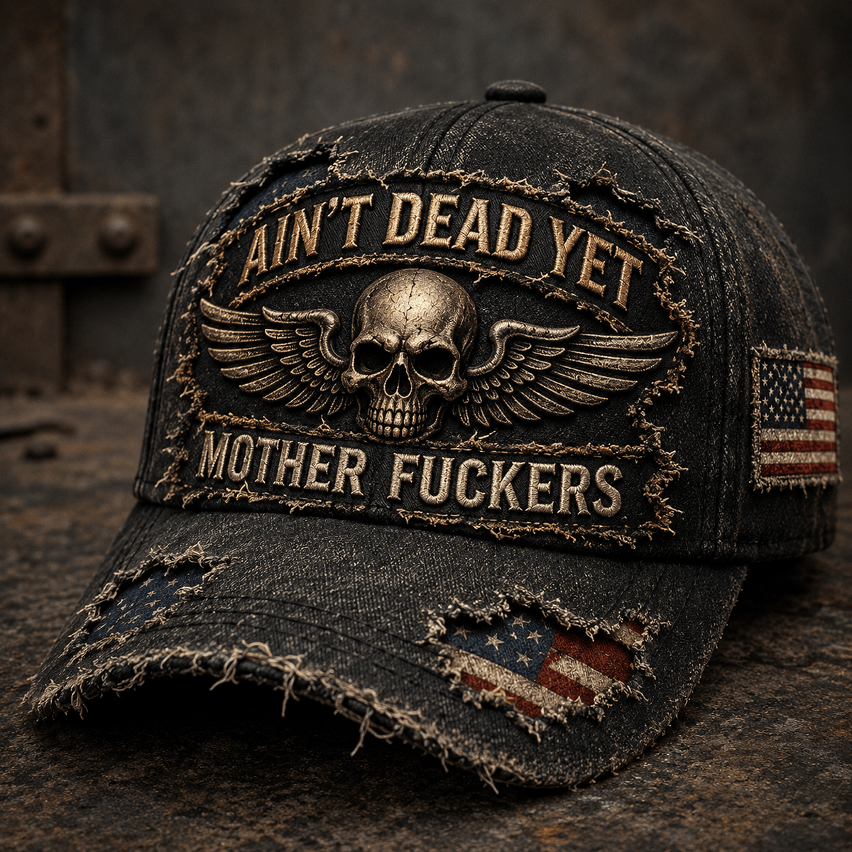 Ain’t Dead Yet Mother Fuckers Printed Cap, Skull Wings USA Flag Hat, Funny Father’s Day Gift for Dad, Biker Grandpa Gift