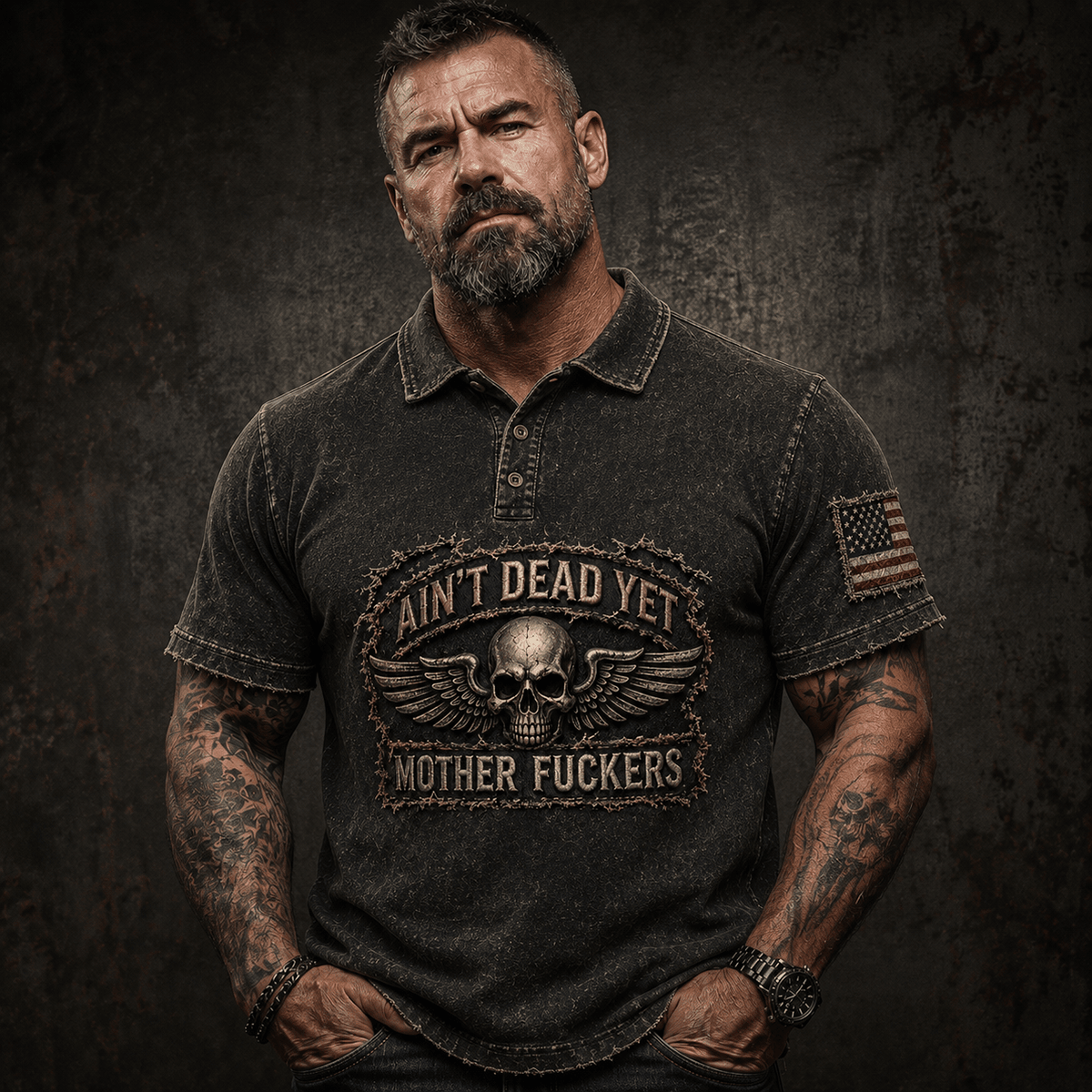 Ain’t Dead Yet Mother Fuckers Printed Polo Shirt, Skull Wings USA Flag, Funny Father’s Day Gift for Dad, Biker Grandpa Gift