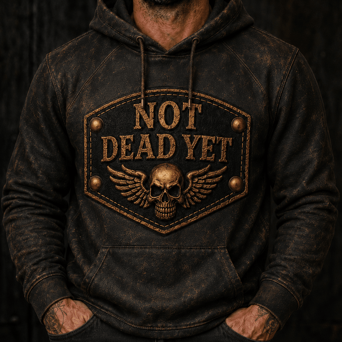 Not Dead Yet Skull Wings Printed Hoodie, Funny Biker Style Gift for Men, Father’s Day Gift for Dad Grandpa Old Man