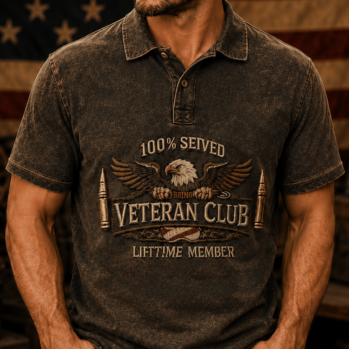 Veteran Club Eagle Printed Polo Shirt, Military Veteran Shirt, Patriotic Father’s Day Gift for Dad Grandpa, Lifetime Member