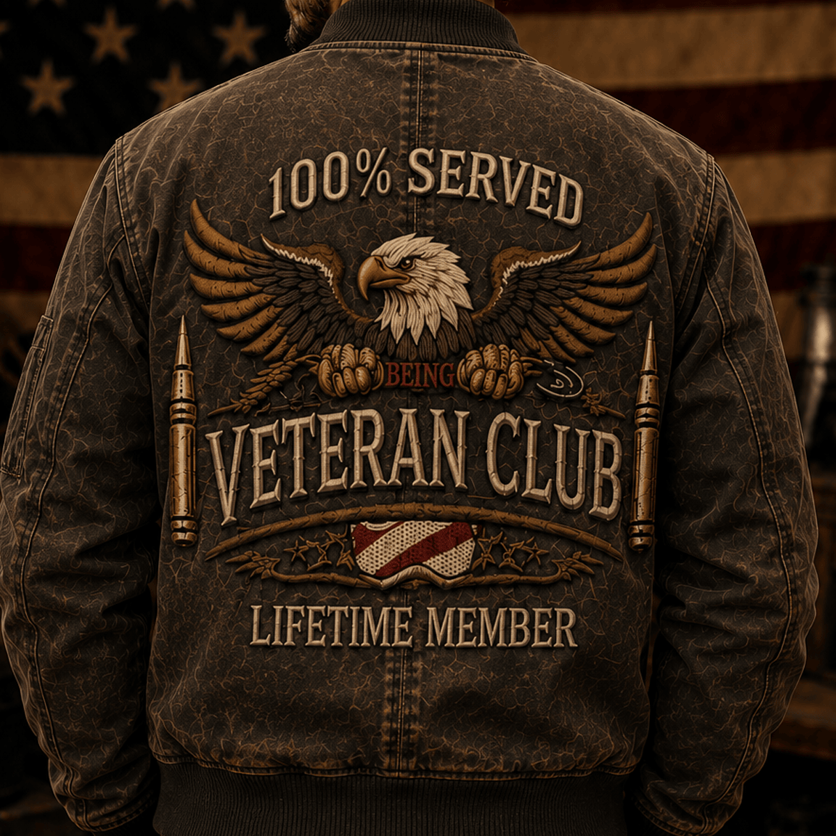 Veteran Club Eagle Printed Bomber Jacket, Military Veteran Jacket, Patriotic Father’s Day Gift for Dad Grandpa, Lifetime Member