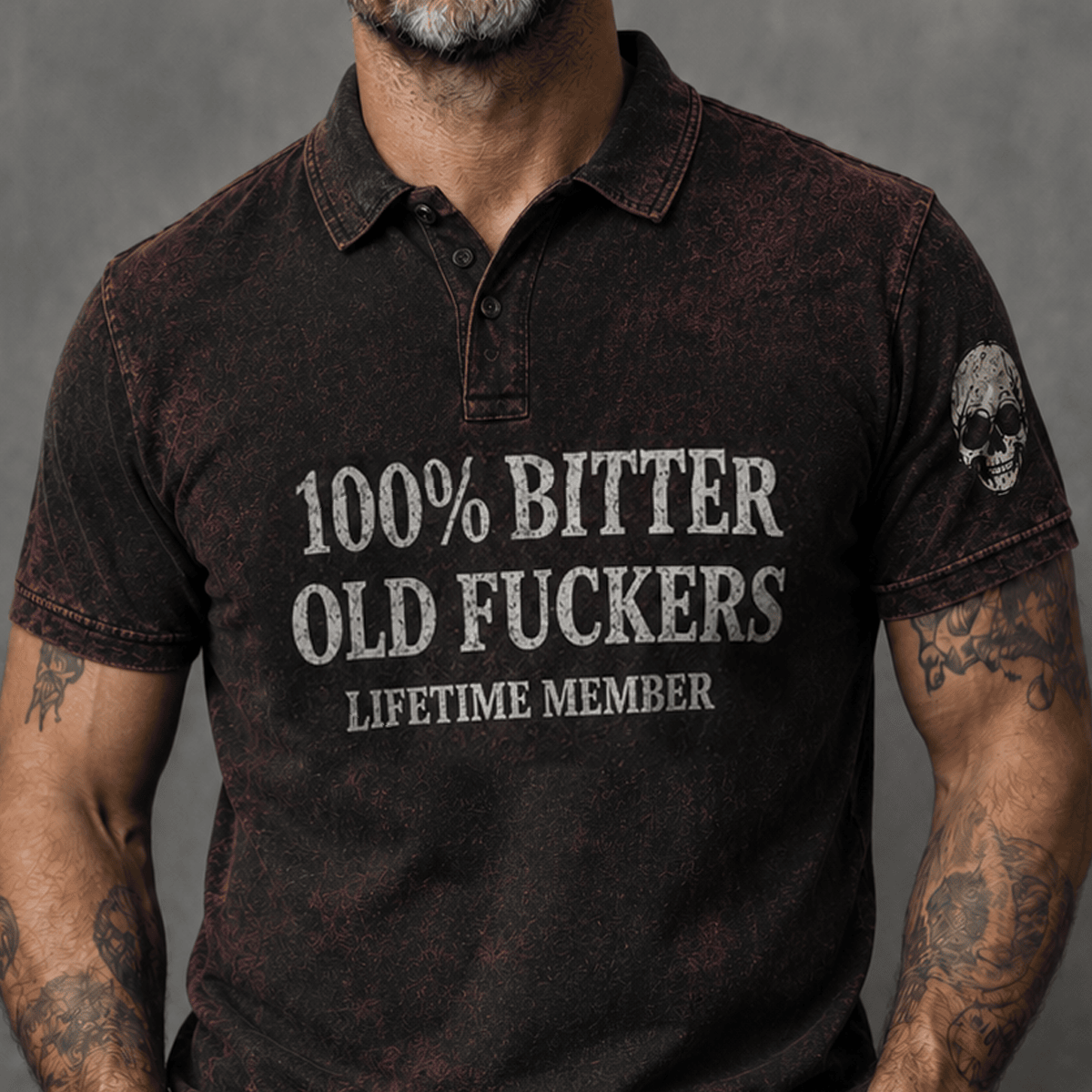 Bitter Old Fucker Lifetime Member Printed Polo Shirt Funny Dad Shirt Skull Graphic Father’s Day Gift for Dad Grandpa Gift for Him