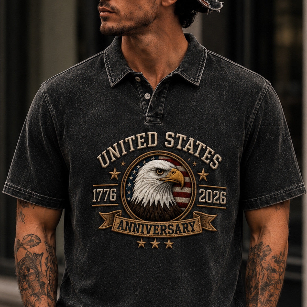 United States 250th Anniversary Printed Polo Shirt American Eagle USA Flag Patriotic Father’s Day Gift for Dad Grandpa Men