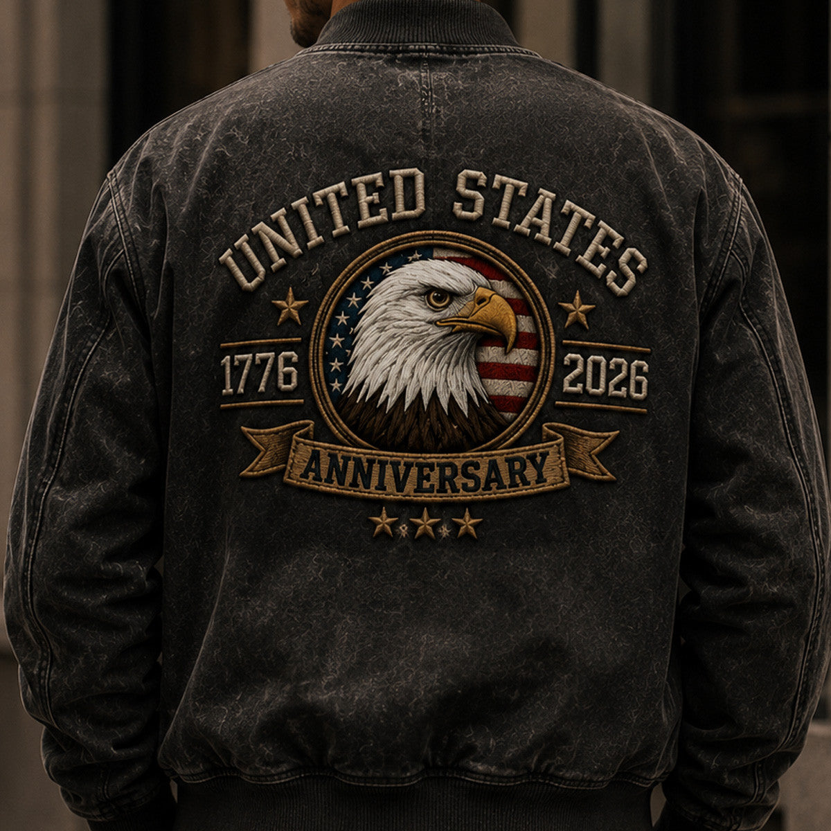 United States 250th Anniversary Printed Bomber Jacket American Eagle USA Flag Patriotic Father’s Day Gift for Dad Grandpa Men