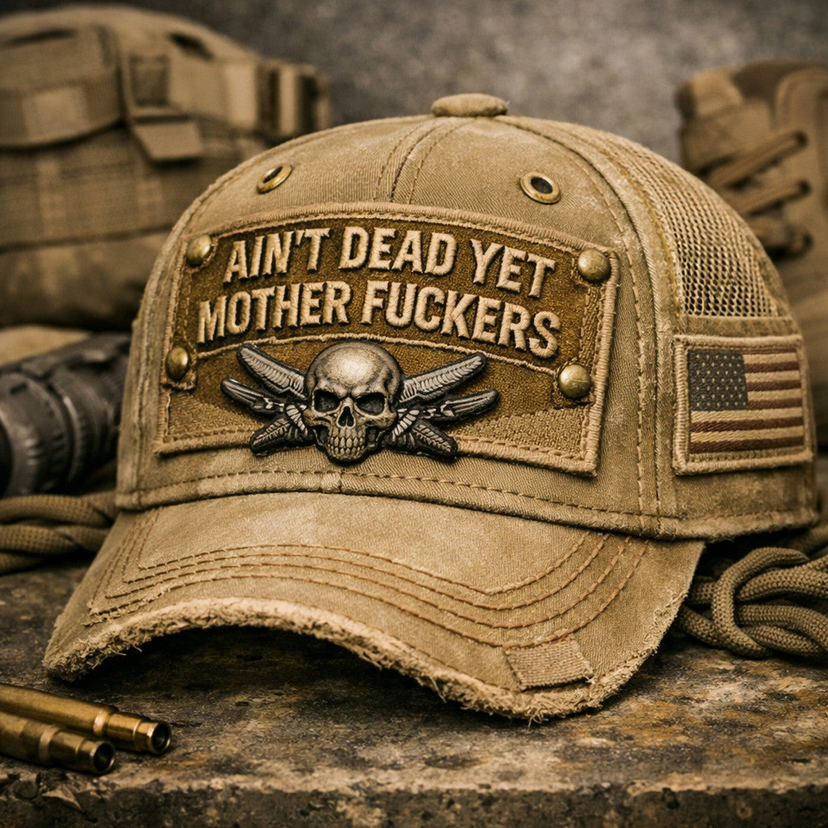 Ain’t Dead Yet Mother Fuckers Printed Baseball Cap Funny Veteran Hat Skull Patch Father’s Day Gift for Dad Grandpa Gift for Him