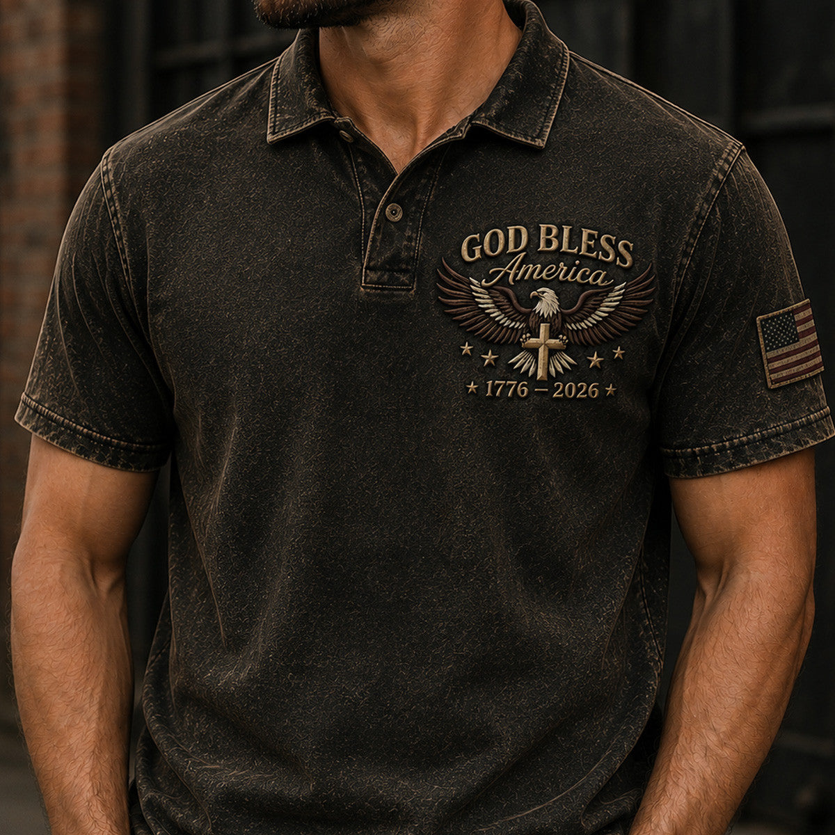 God Bless America 1776 2026 Printed Polo Shirt American Eagle Cross USA Flag Patriotic Father’s Day Gift for Dad Grandpa Men