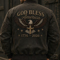 God Bless America 1776 2026 Printed Bomber Jacket American Eagle Cross USA Flag Patriotic Father’s Day Gift for Dad Grandpa Men
