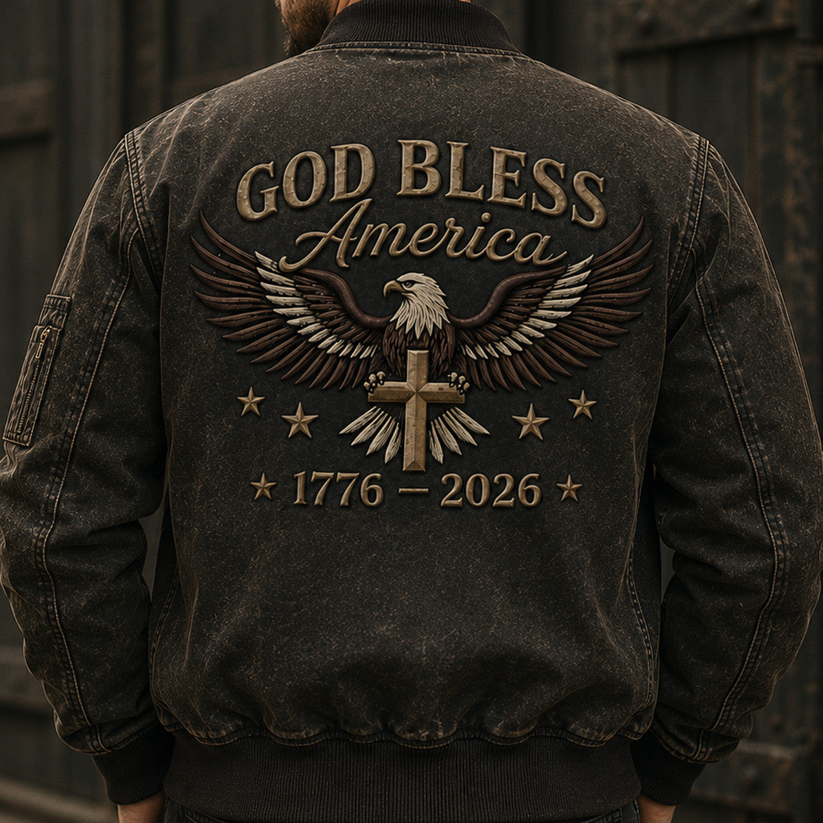 God Bless America 1776 2026 Printed Bomber Jacket American Eagle Cross USA Flag Patriotic Father’s Day Gift for Dad Grandpa Men