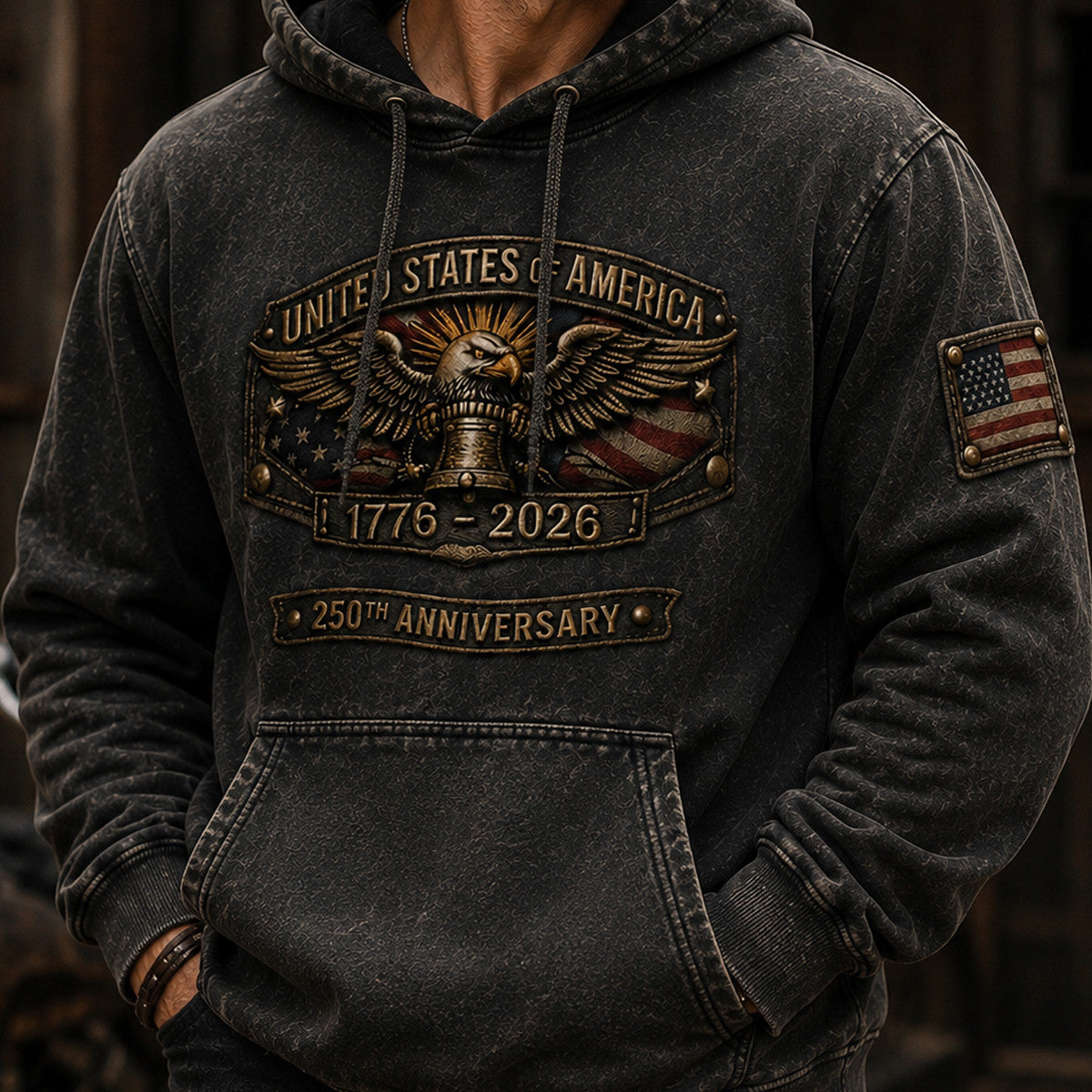United States 250th Anniversary Printed Hoodie Father’s Day Gift for Dad, Patriotic Eagle Liberty Bell USA Flag Pullover, 1776 2026