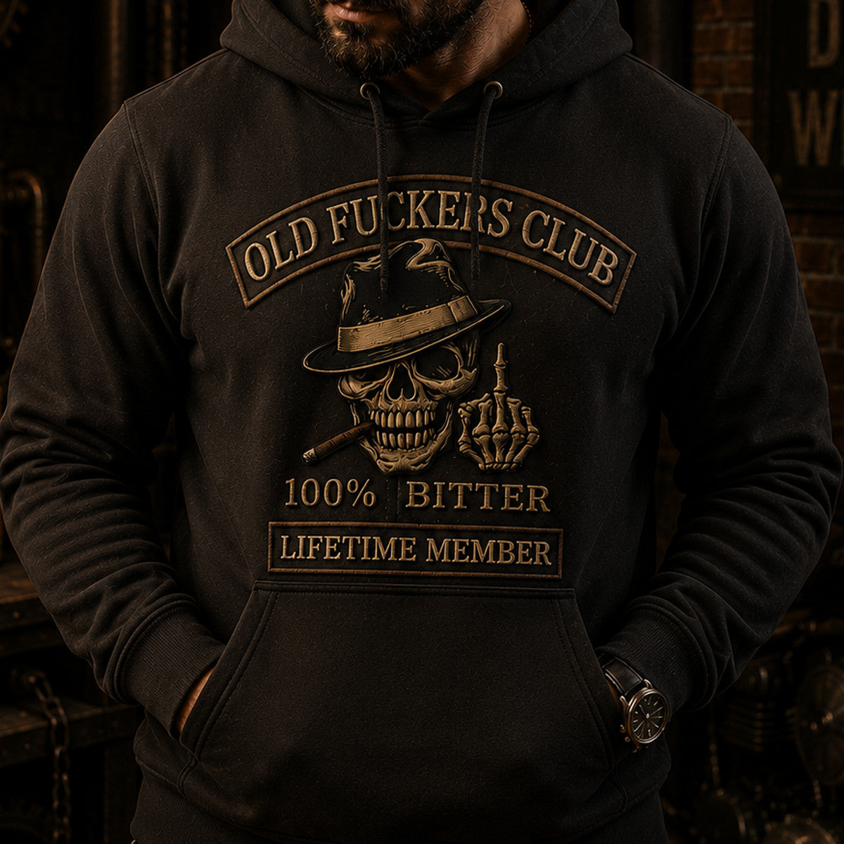 Old Fuckers Club Printed Hoodie Father’s Day Gift for Dad, Skull Hat Cigar Funny Grandpa, Lifetime Member Biker Gift