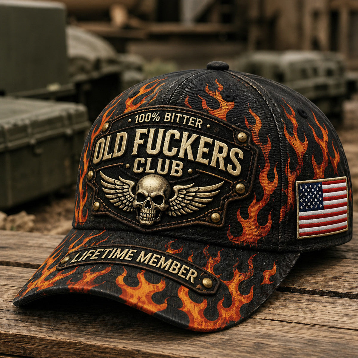 Old Fuckers Club Printed Cap Father’s Day Gift for Dad, Flame Skull Wings USA Flag Hat, Funny Grandpa Biker Gift