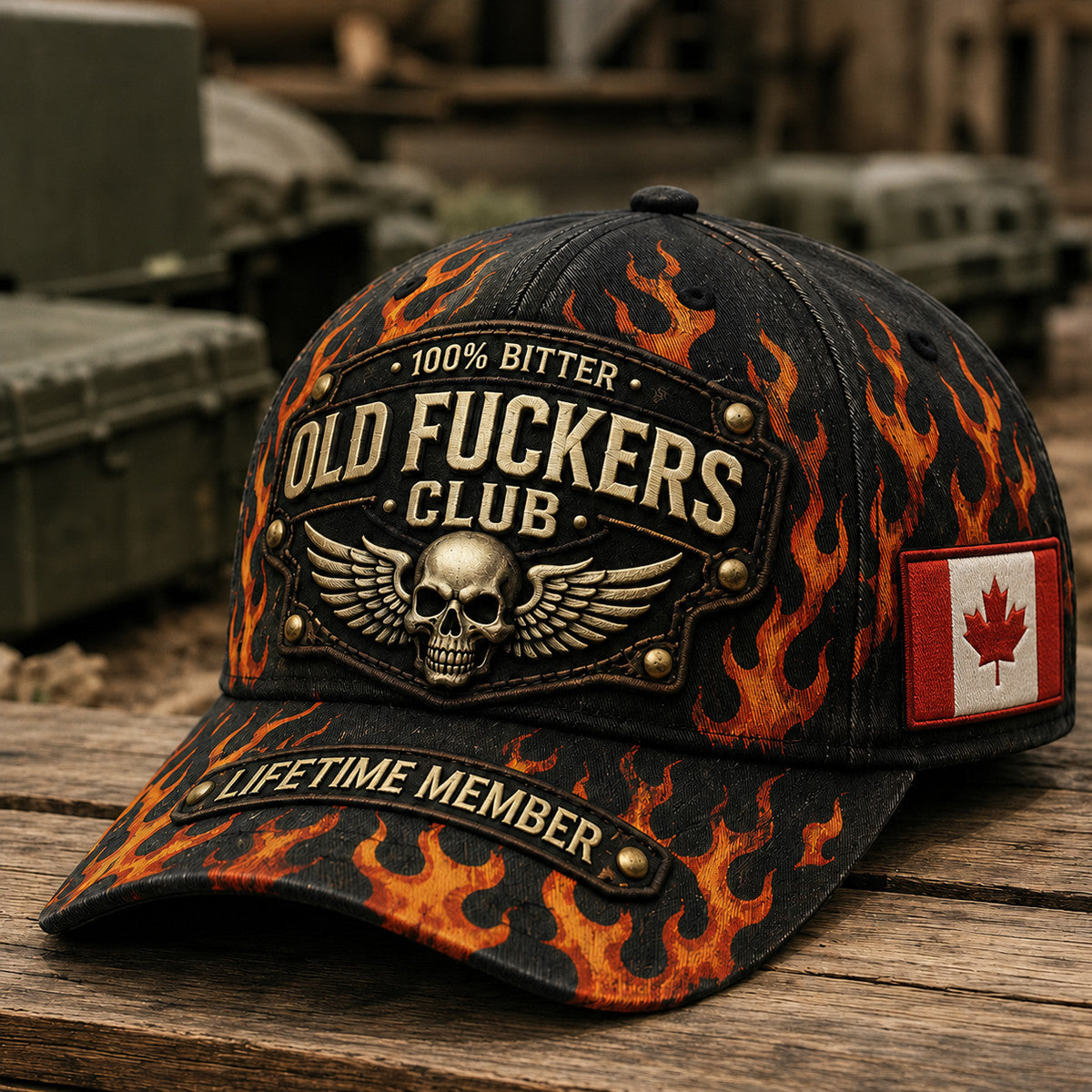 Old Fuckers Club Printed Cap Father’s Day Gift for Dad, Flame Skull Wings Canada Flag Hat, Funny Grandpa Biker Gift