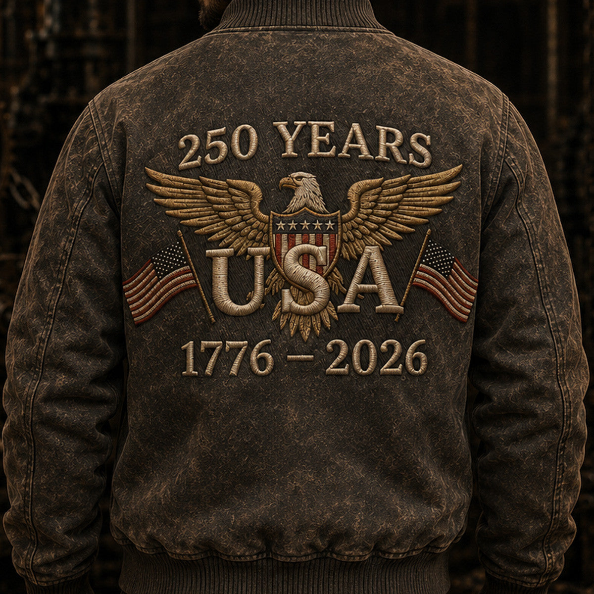 USA 250 Years Printed Bomber Jacket Father’s Day Gift for Dad, Patriotic Eagle Flag Coat, 1776 2026 America Anniversary Gift