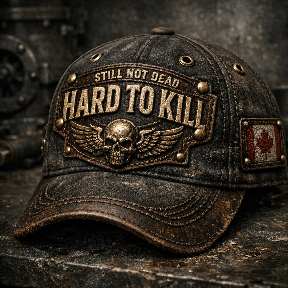 Still Not Dead Hard To Kill Printed Cap Father’s Day Gift for Dad, Skull Wings Canada Flag Hat, Funny Grandpa Biker Gift