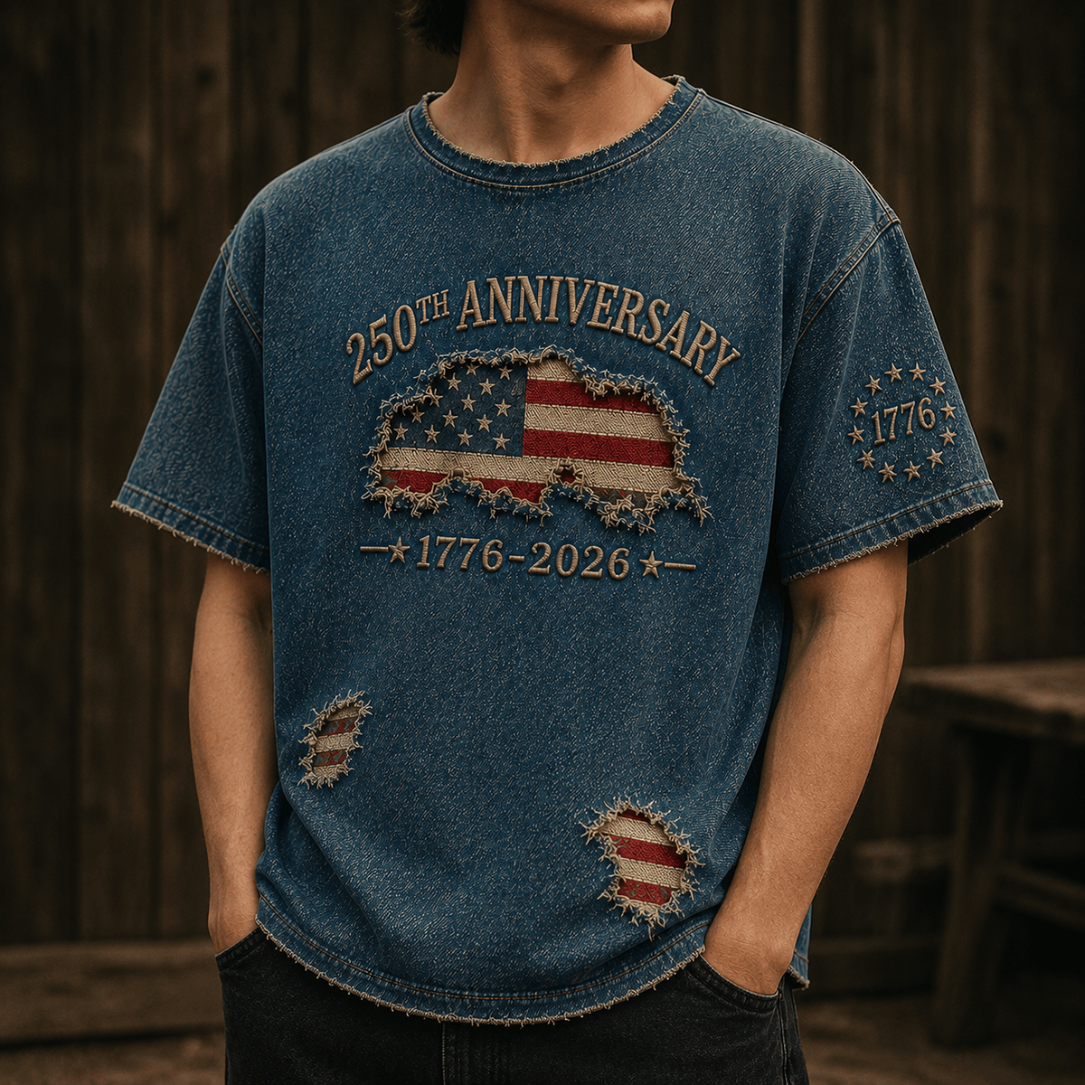 250th Anniversary Printed T-Shirt, 1776–2026 Patriotic American Flag Graphic, USA 250 Years Gift for Men, Independence Day Dad Gift