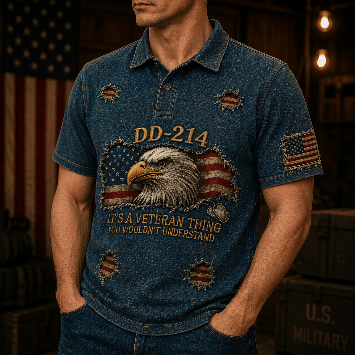 DD-214 Veteran Printed Polo Shirt, Eagle American Flag Graphic, Military Veteran Gift for Men, Veterans Day Father’s Day Gift