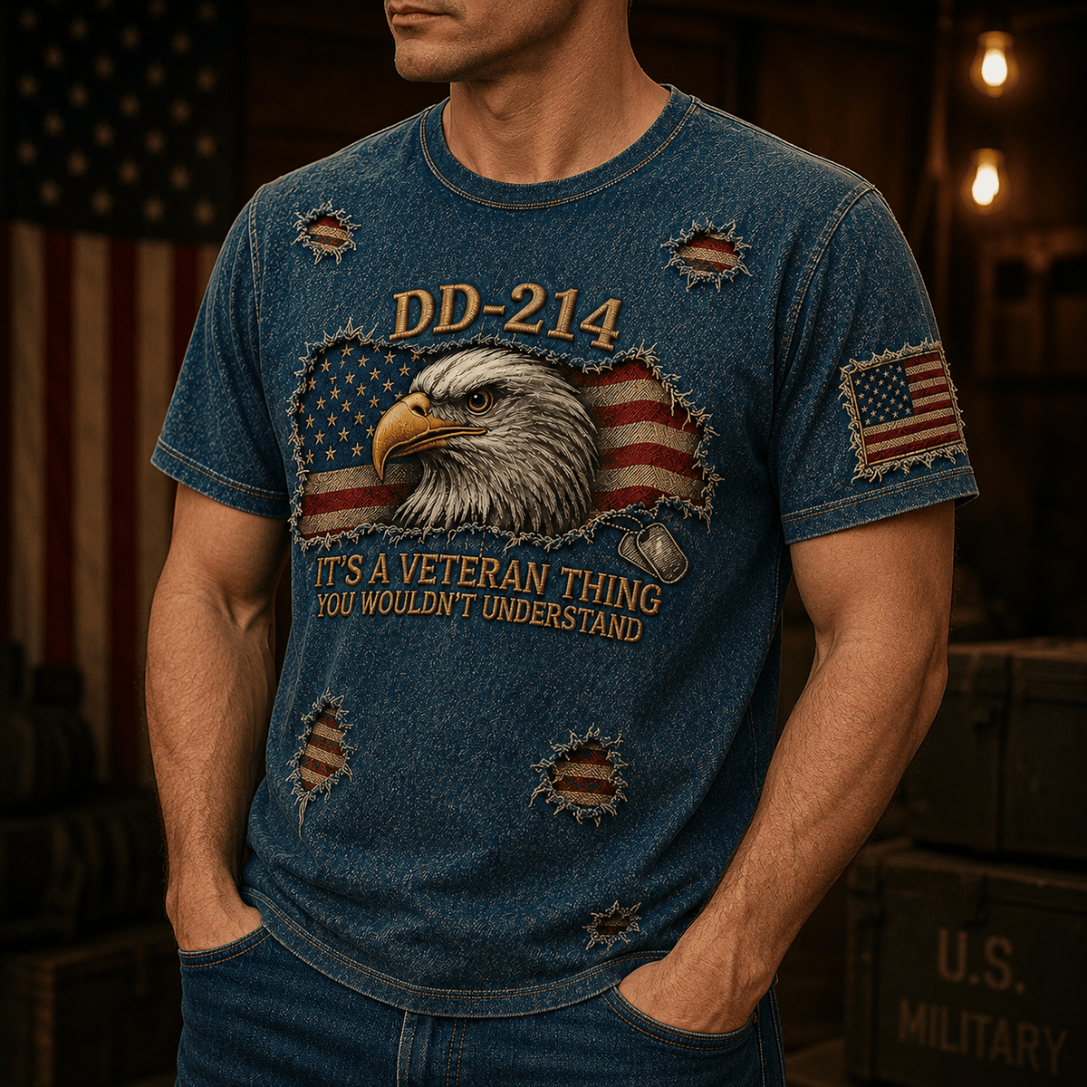 DD-214 Veteran Printed T-Shirt, Eagle American Flag Graphic, Military Veteran Gift for Men, Veterans Day Father’s Day Gift
