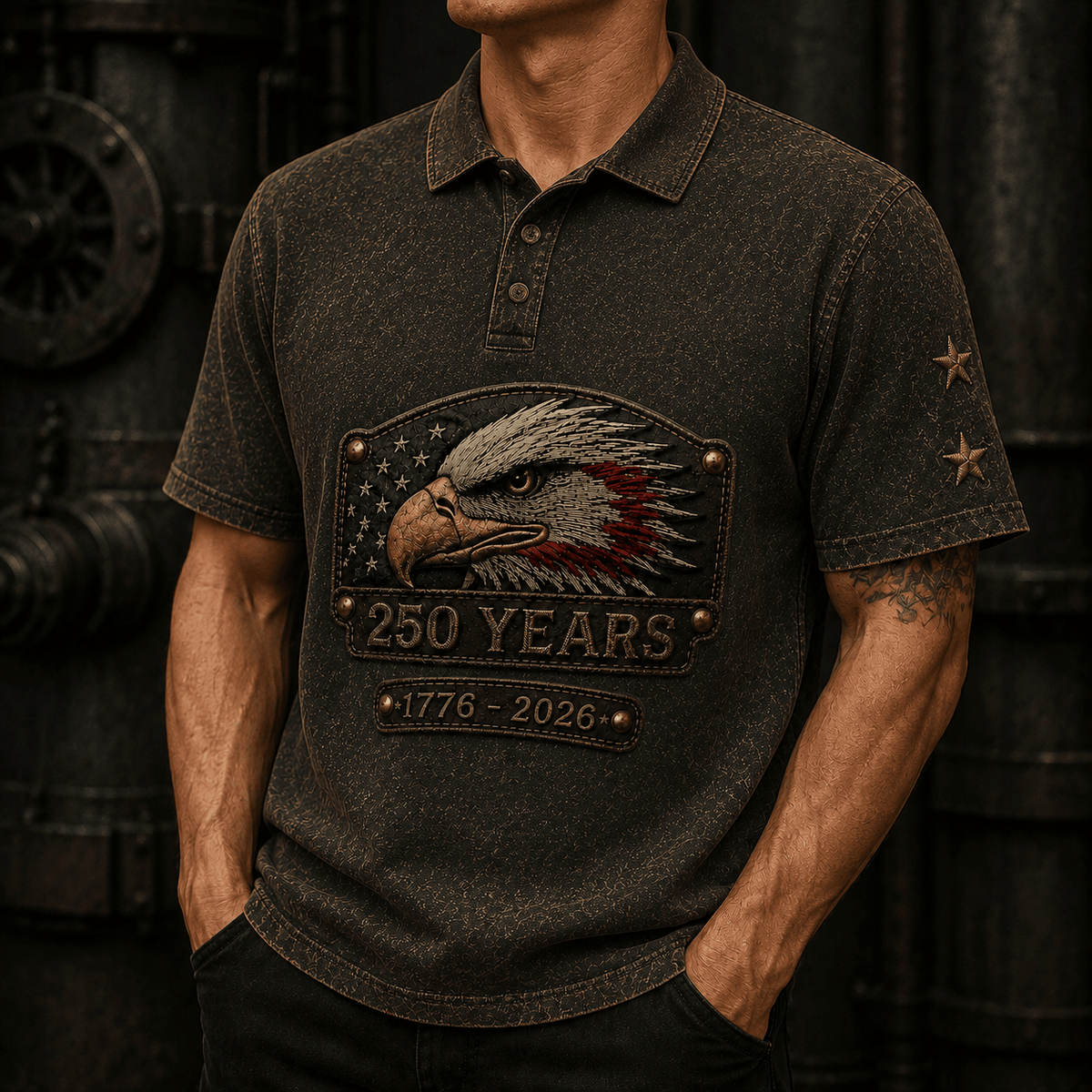 America 250 Years Eagle Printed Polo Shirt, 1776 2026 USA Flag Graphic, Patriotic Father’s Day Gift for Dad, Veteran Gift