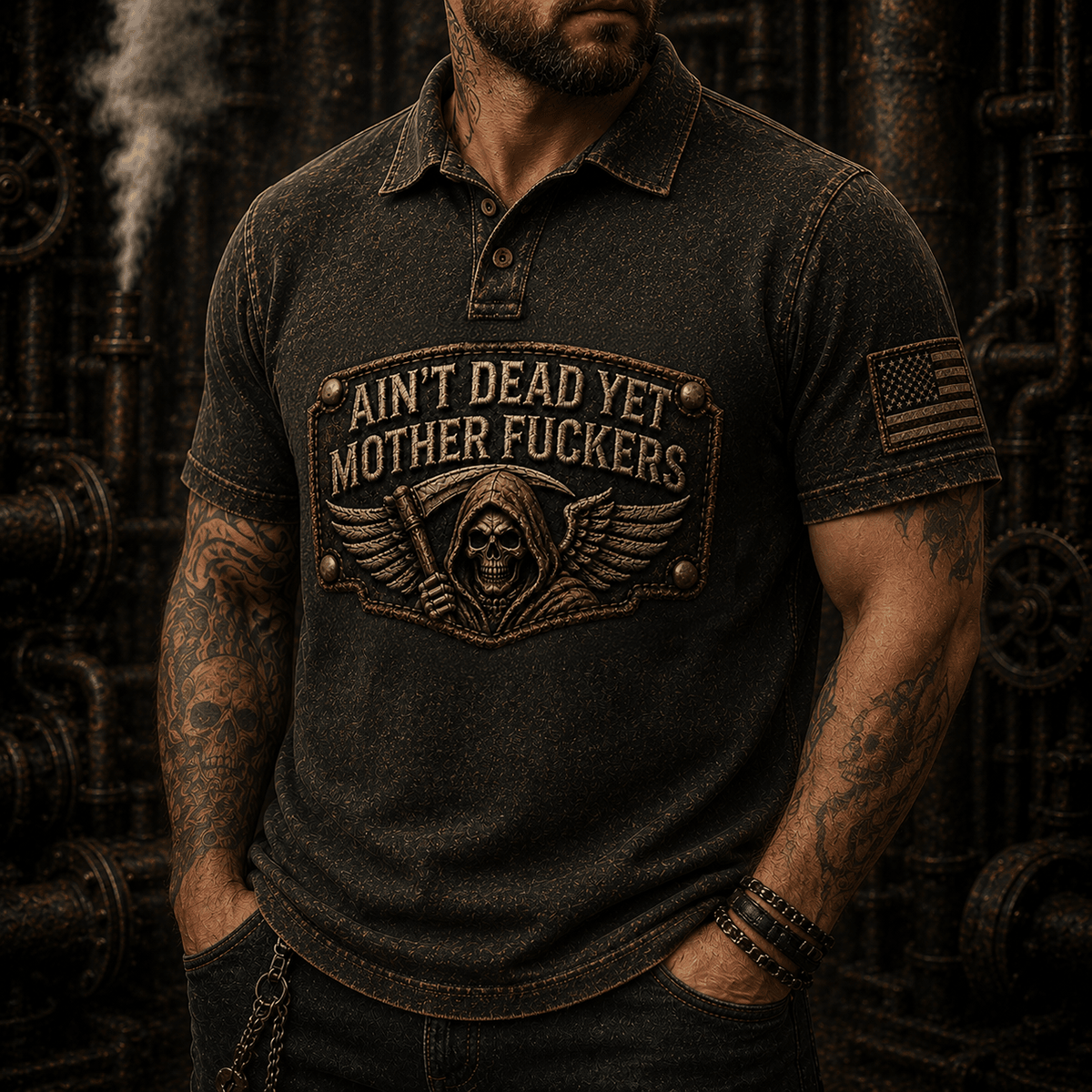 Ain’t Dead Yet Mother Fuckers Printed Polo Shirt, Skull Reaper USA Flag Graphic, Funny Father’s Day Gift for Dad, Biker Gift