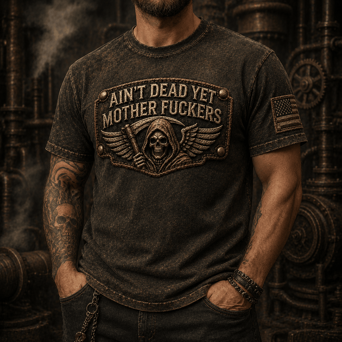 Ain’t Dead Yet Mother Fuckers Printed T-Shirt, Skull Reaper USA Flag Graphic, Funny Father’s Day Gift for Dad, Biker Gift