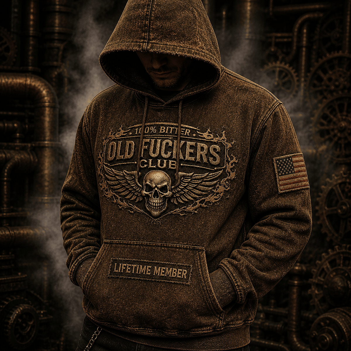 Old Fuckers Club Skull Wing Printed Hoodie, Lifetime Member Vintage Hoodie, Funny Father’s Day Gift for Dad Grandpa, USA Flag Patch