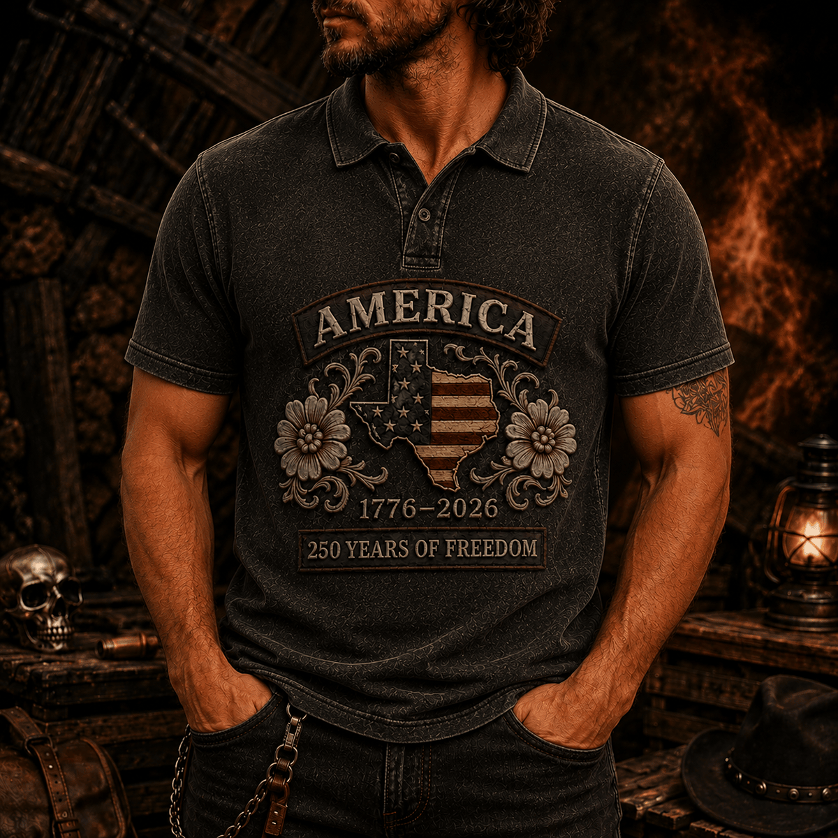 America 250 Years Of Freedom Printed Polo Shirt, USA Flag Patriotic 1776 2026 Anniversary Gift, Father’s Day Gift for Dad