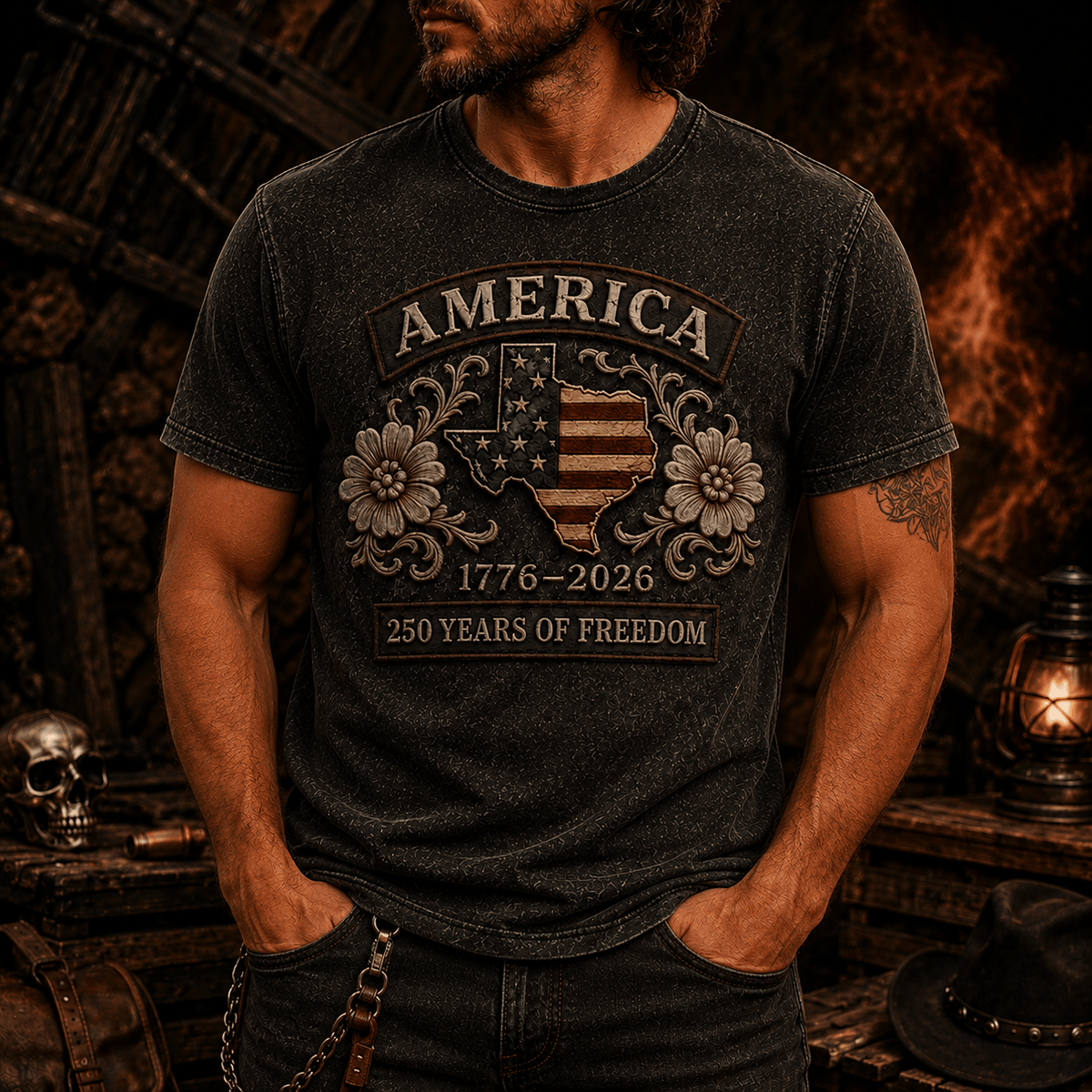 America 250 Years Of Freedom Printed T-Shirt, USA Flag Patriotic 1776 2026 Anniversary Shirt, Father’s Day Gift for Dad