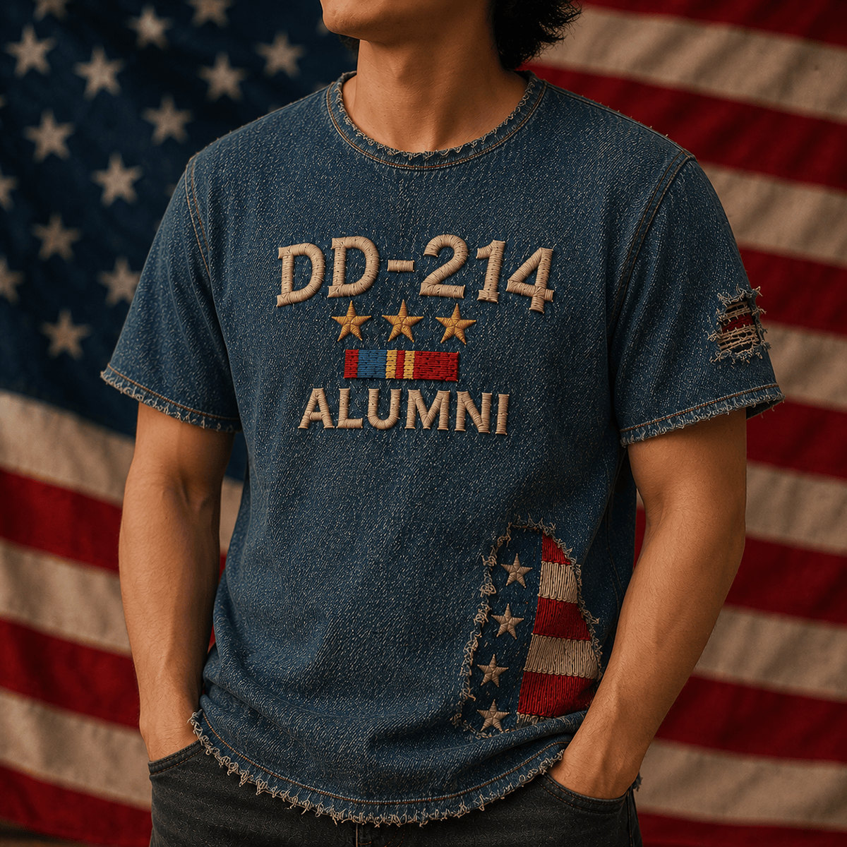 DD-214 Alumni Printed T-Shirt, USA Flag Veteran Shirt, Military Retirement Gift, Patriotic Father’s Day Gift for Dad Grandpa