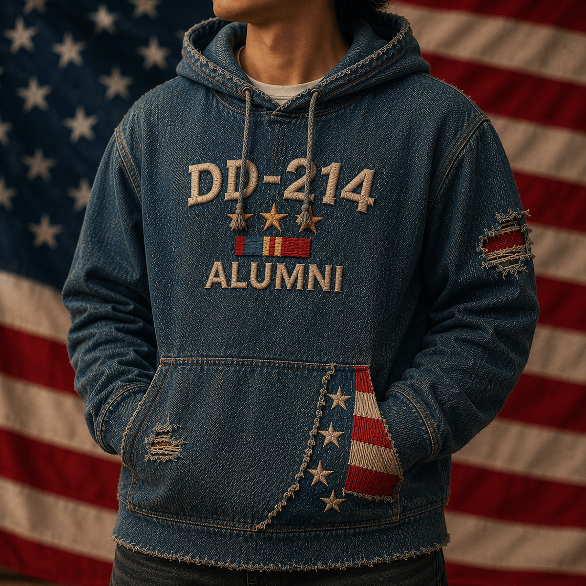 DD-214 Alumni Printed Hoodie, USA Flag Veteran Pullover, Military Retirement Gift, Patriotic Father’s Day Gift for Dad