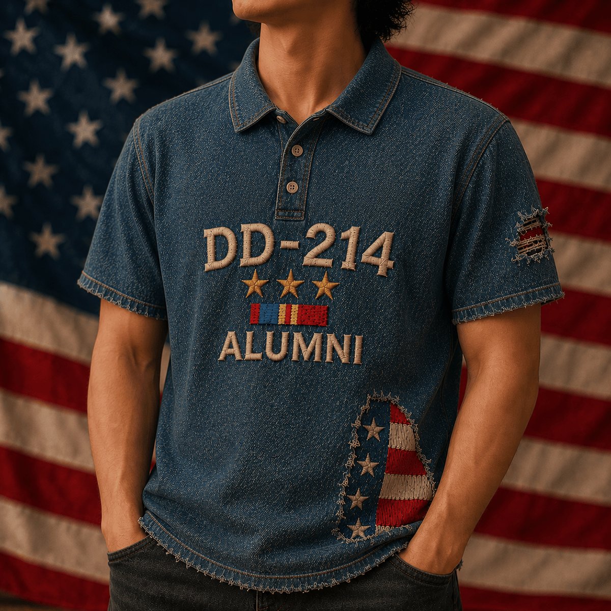 DD-214 Alumni Printed Polo Shirt, USA Flag Veteran Apparel, Military Retirement Gift, Patriotic Father’s Day Gift for Dad