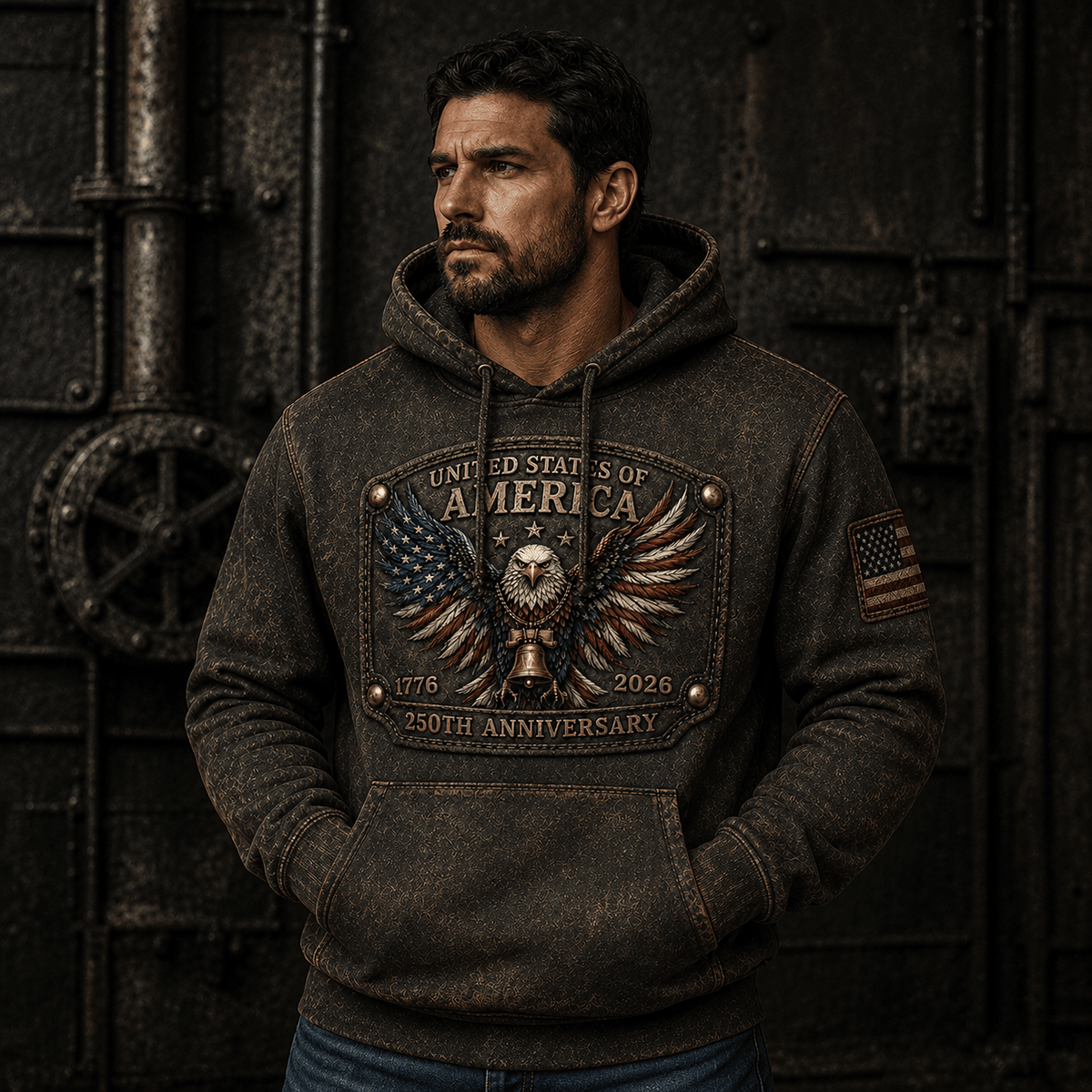 United States Of America 250th Anniversary Printed Hoodie, Eagle USA Flag Patriotic Pullover, 1776 2026 Father’s Day Gift for Dad
