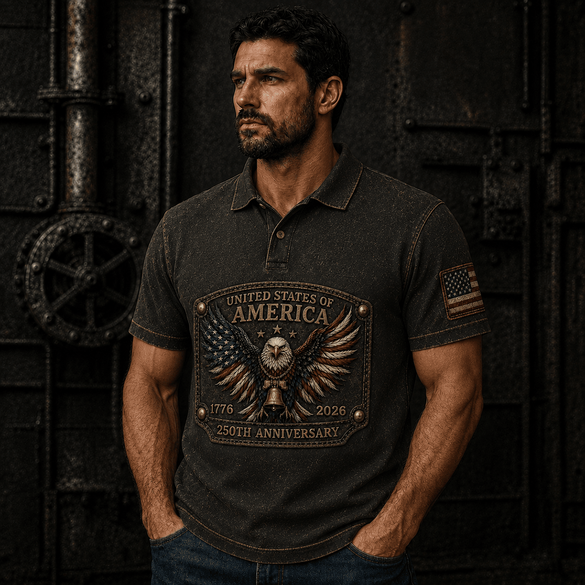 United States Of America 250th Anniversary Printed Polo Shirt, Eagle USA Flag Patriotic 1776 2026 Father’s Day Gift for Dad