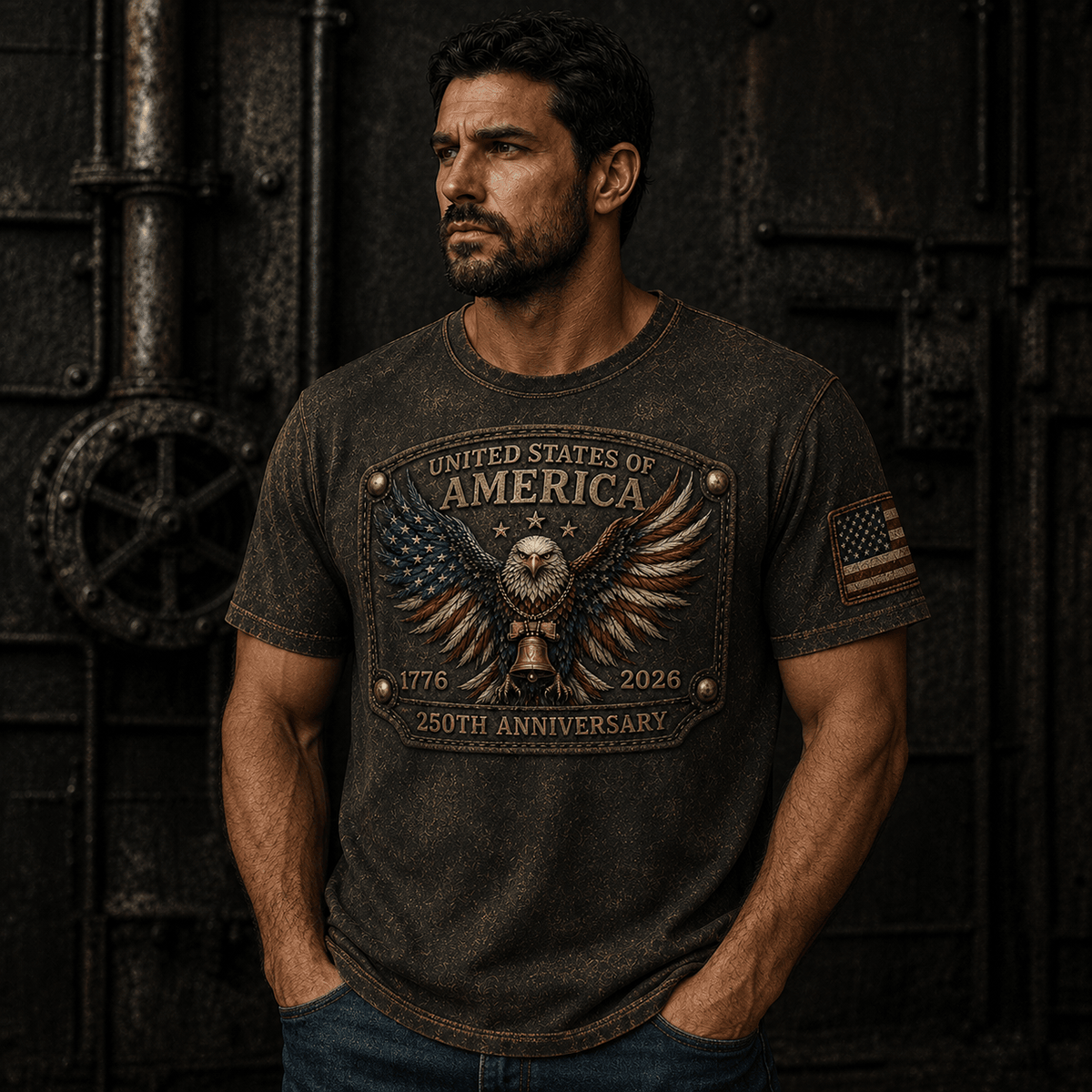 United States Of America 250th Anniversary Printed T-Shirt, Eagle USA Flag Patriotic 1776 2026 Father’s Day Gift for Dad