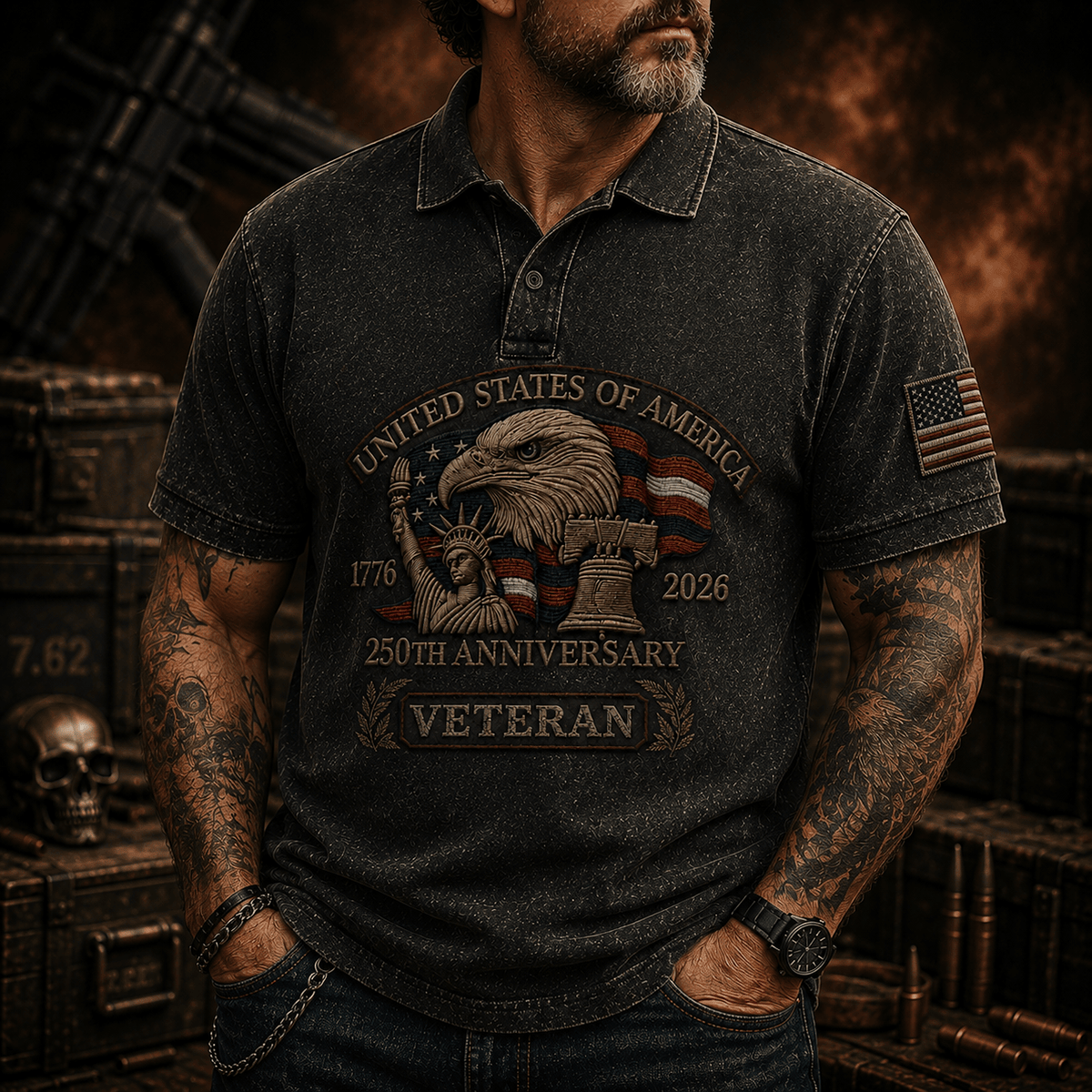 USA 250th Anniversary Veteran Printed Polo Shirt, Eagle Flag Patriotic 1776 2026 Military Gift, Father’s Day Gift for Dad