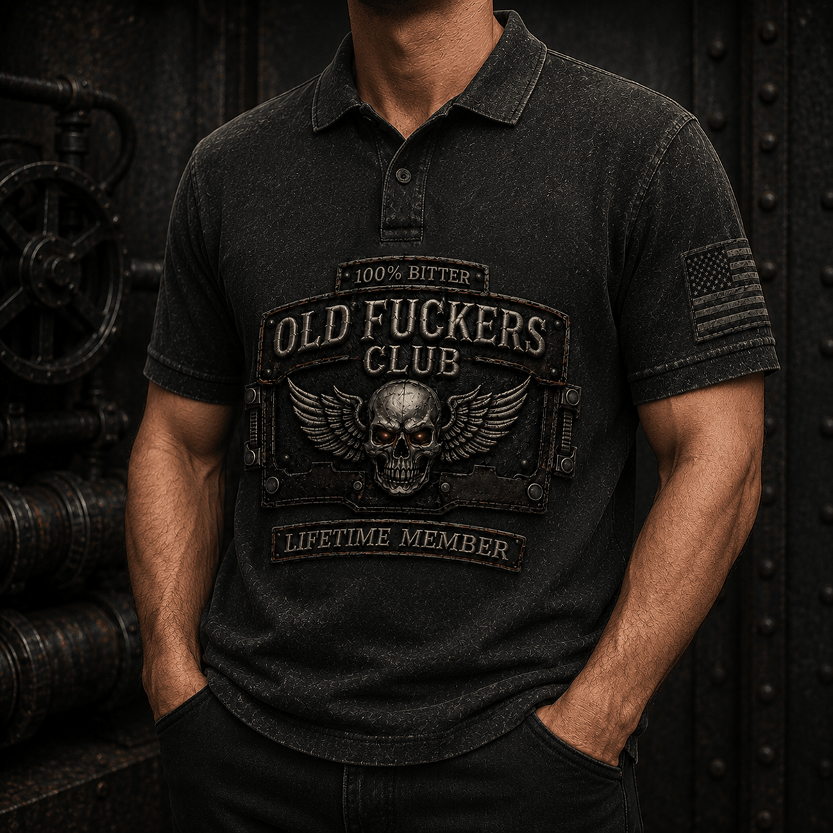 Old Man Skull Wings Printed Polo Shirt, Funny Grumpy Dad Apparel, Lifetime Member Design, Father’s Day Gift for Dad Grandpa